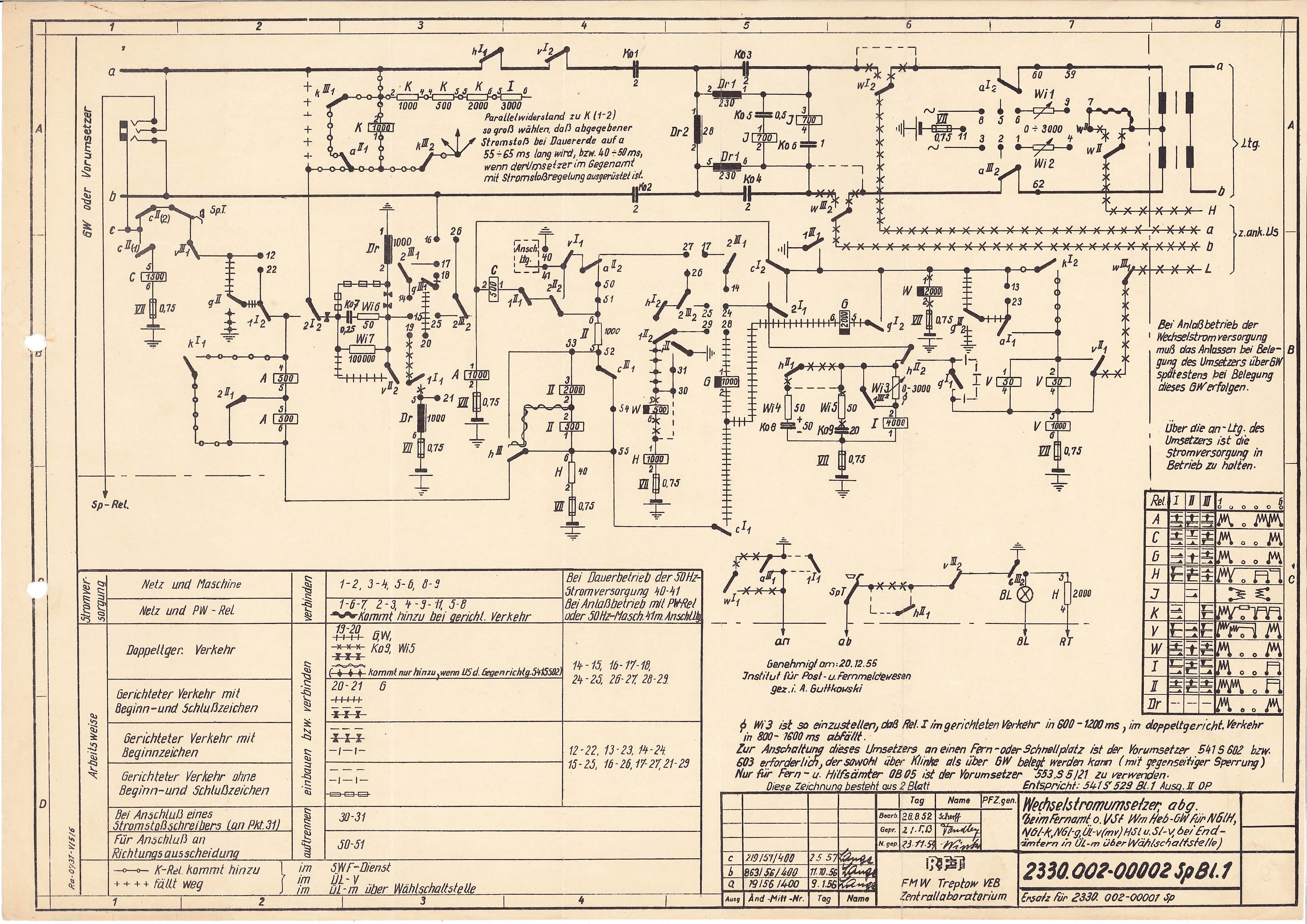 Zeichnung: Stromlaufplan Wechselstromumsetzer, abgehend (Interessengemeinschaft Historische Fernmeldetechnik e.V. CC BY-NC-SA)