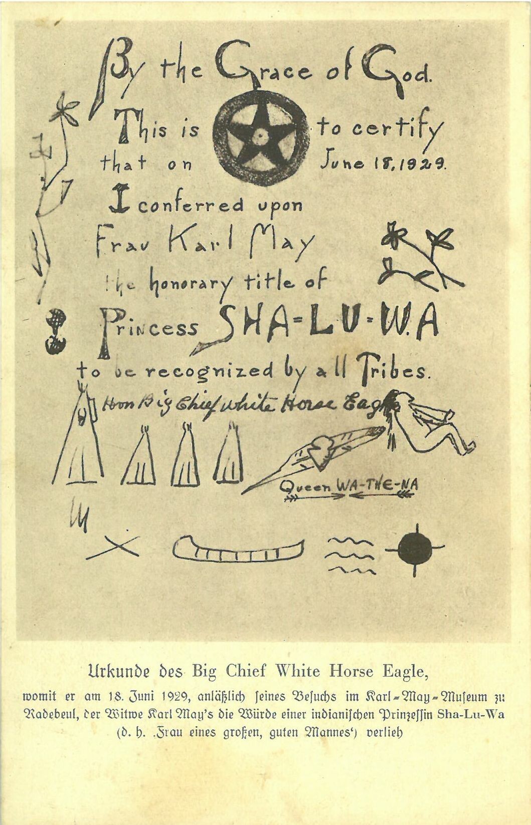 Urkunde des Big Chief White Horse Eagle, 18. Juni 1929 (Karl-May-Museum gGmbH RR-R)