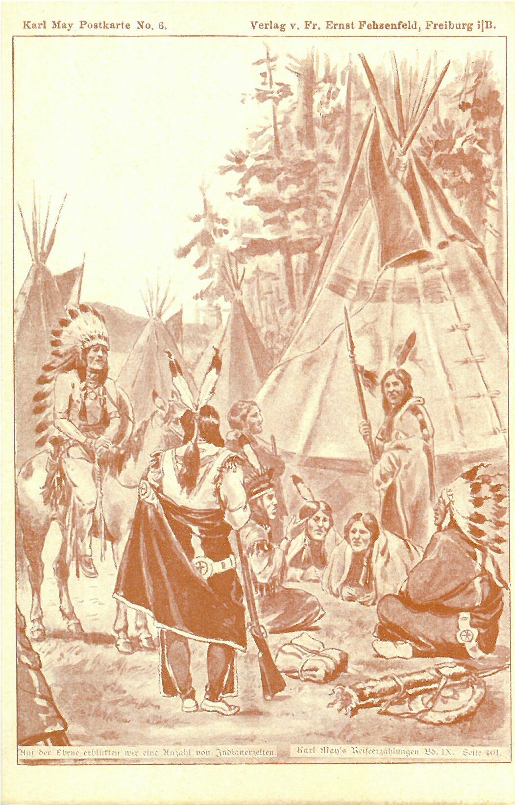 Fehsenfeld-Serie 2, Nr. 6; Auf einer Ebene erblicken wir eine Anzahl von Indianerzelten (Karl-May-Museum gGmbH RR-R)