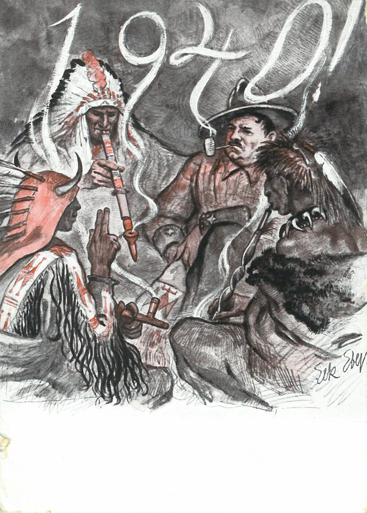 Zeichnung Patty Frank mit 3 Indigenen; 1940; beschrieben (Patty Frank) (Karl-May-Museum gGmbH RR-R)