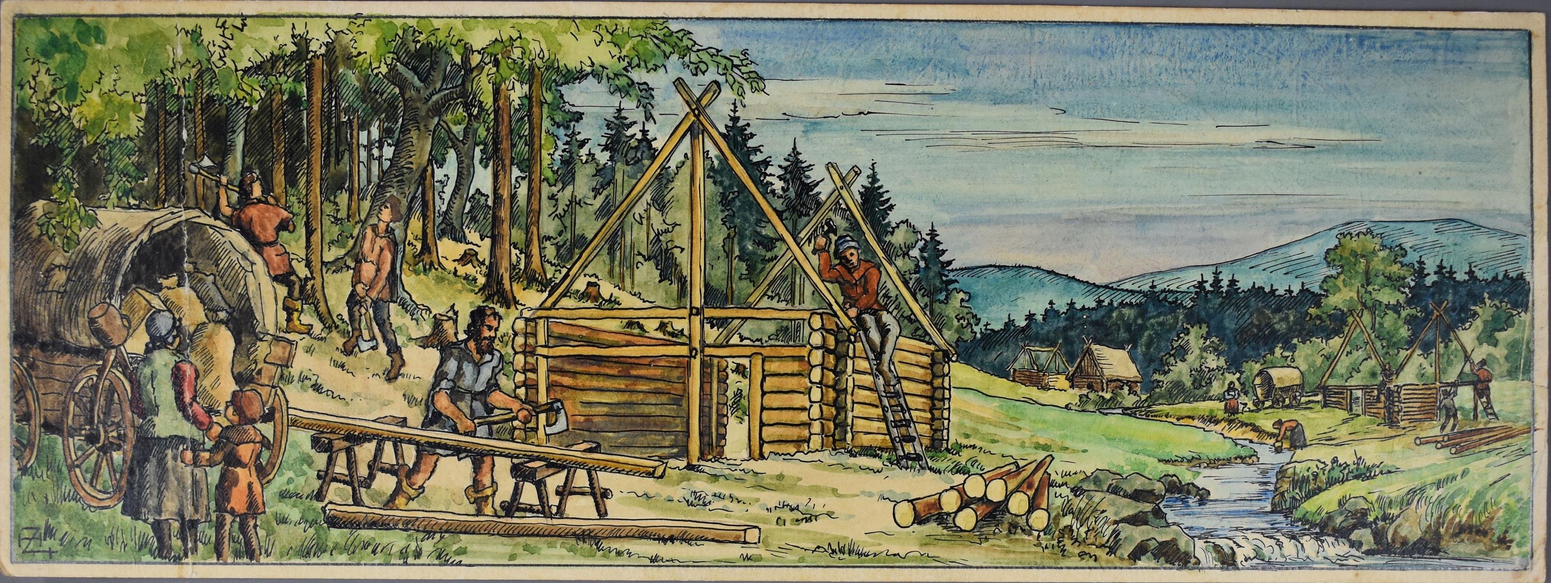 Deutsche Bauern errichten die ersten Häuser in Ebersbach. (Heimatmuseum Ebersbach-Neugersdorf CC BY-NC-SA)