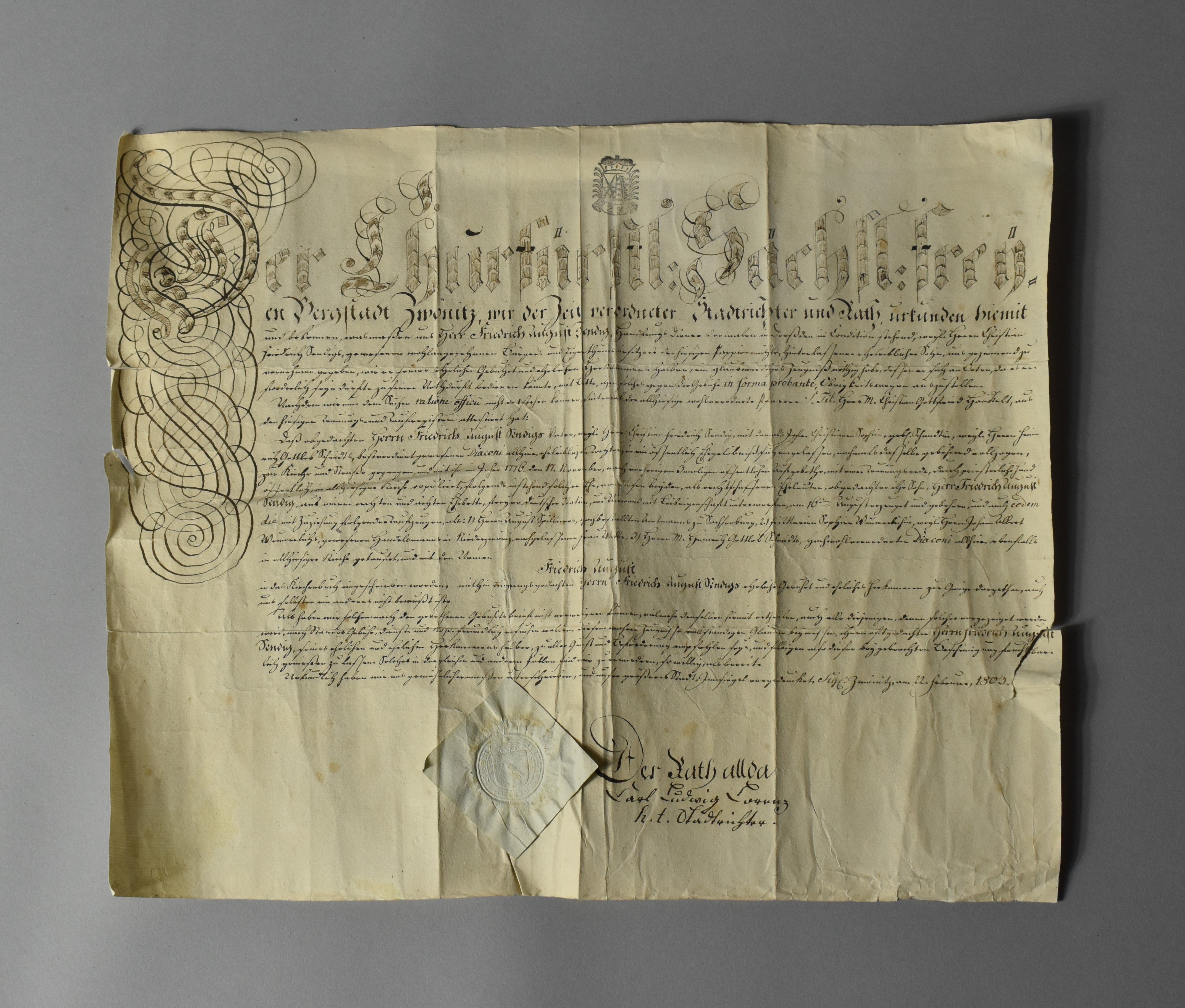 Urkunde über eheliche Herkunft des Friedrich August Sendig (Heimatwelten Zwönitz CC BY-NC-SA)