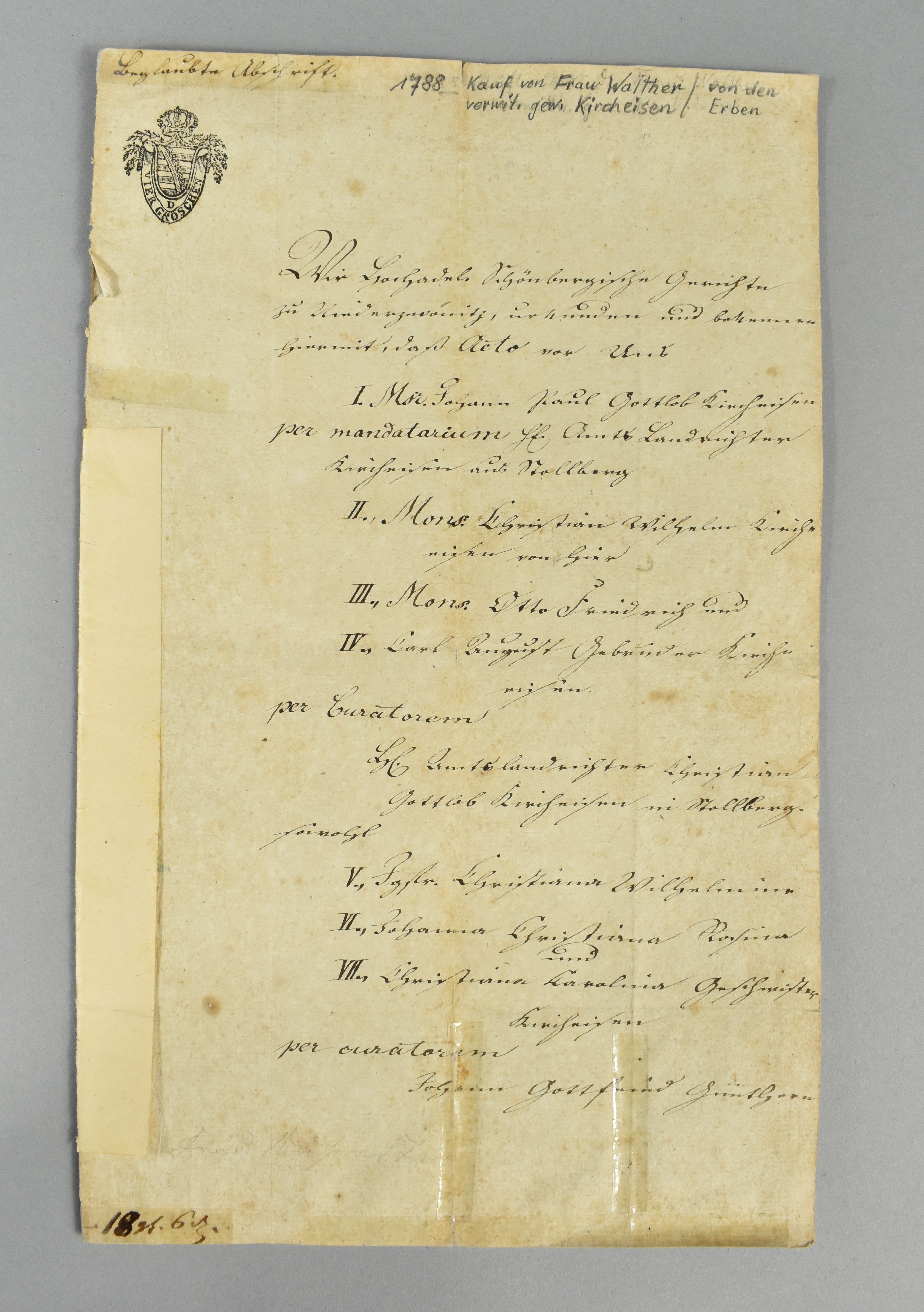 Urkunde über den Verkauf der Papiermühle Niederzwönitz im Jahr 1788 (Heimatwelten Zwönitz CC BY-NC-SA)