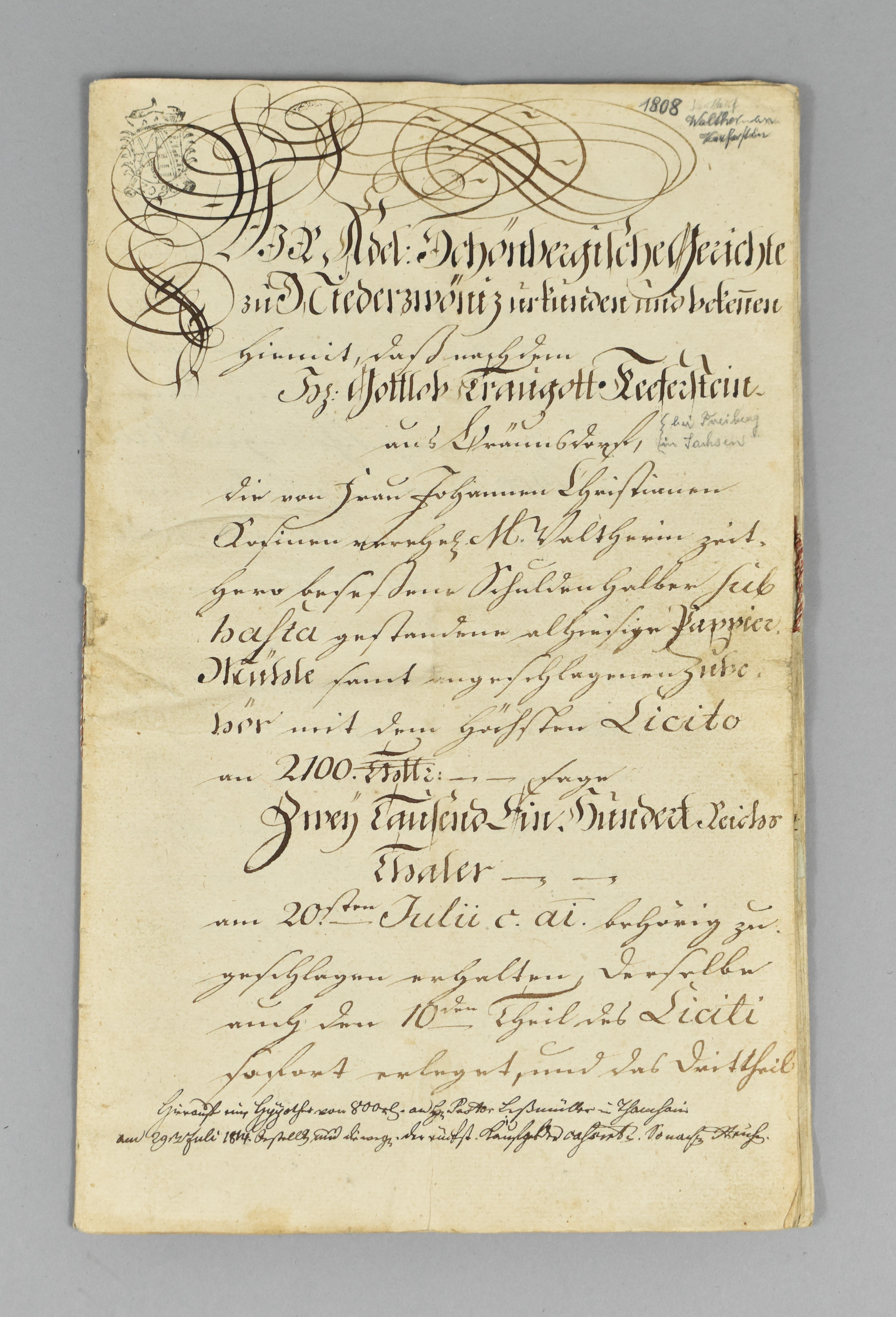 Urkunde über den Verkauf der Papiermühle Niederzwönitz im Jahr 1808 (Heimatwelten Zwönitz CC BY-NC-SA)