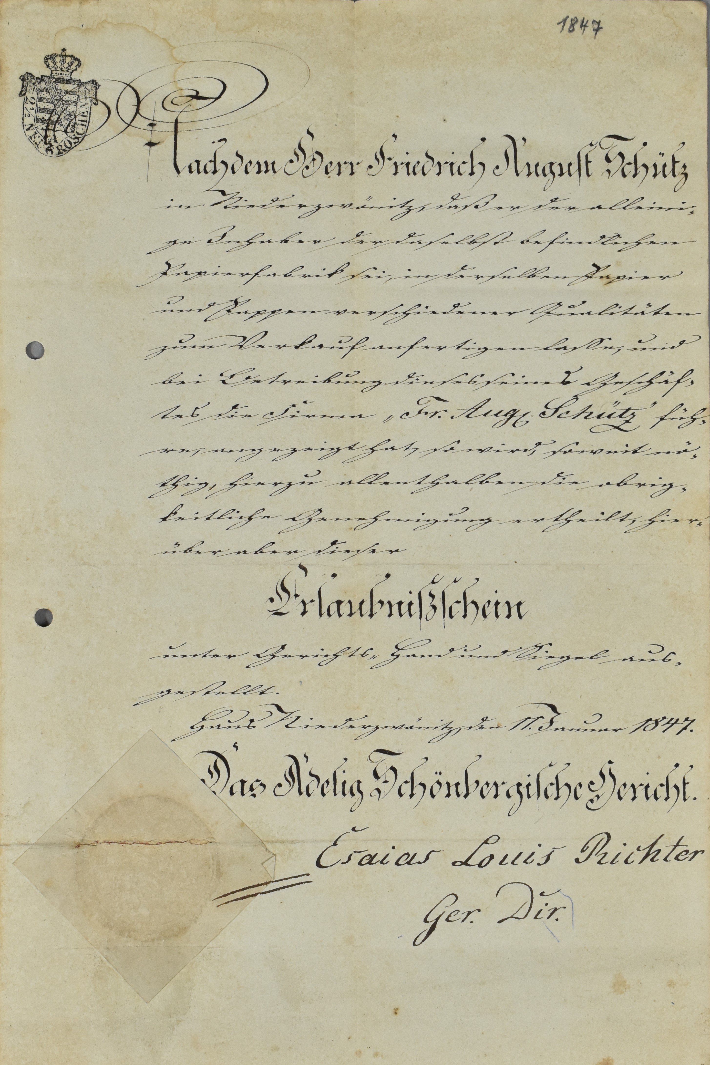 Erlaubnisschein für den Inhaber der Papiermühle Friedrich August Schütz (Heimatwelten Zwönitz CC BY-NC-SA)