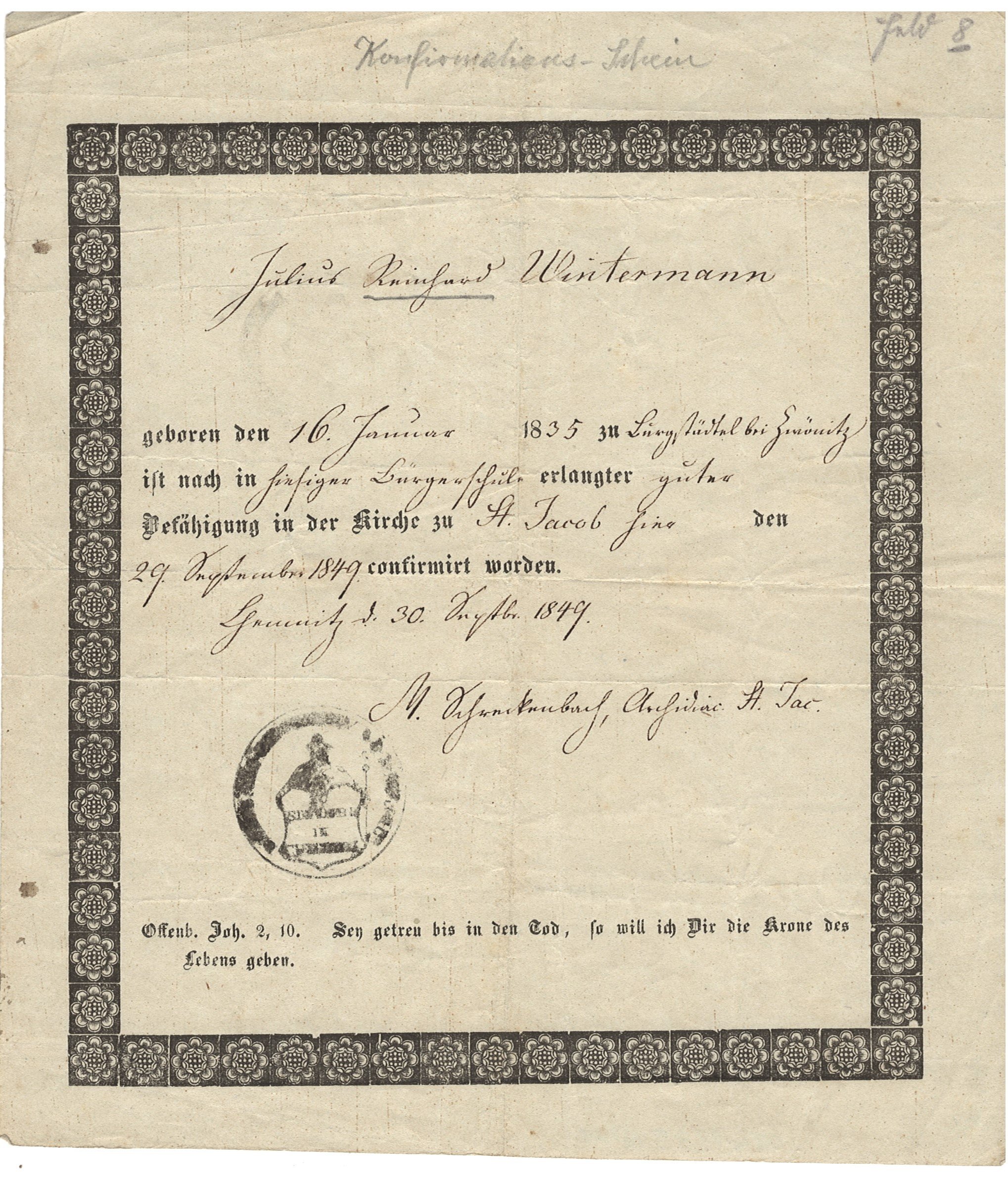 Konfirmationsschein für Julius Reinhard Wintermann (Heimatwelten Zwönitz CC BY-NC-SA)