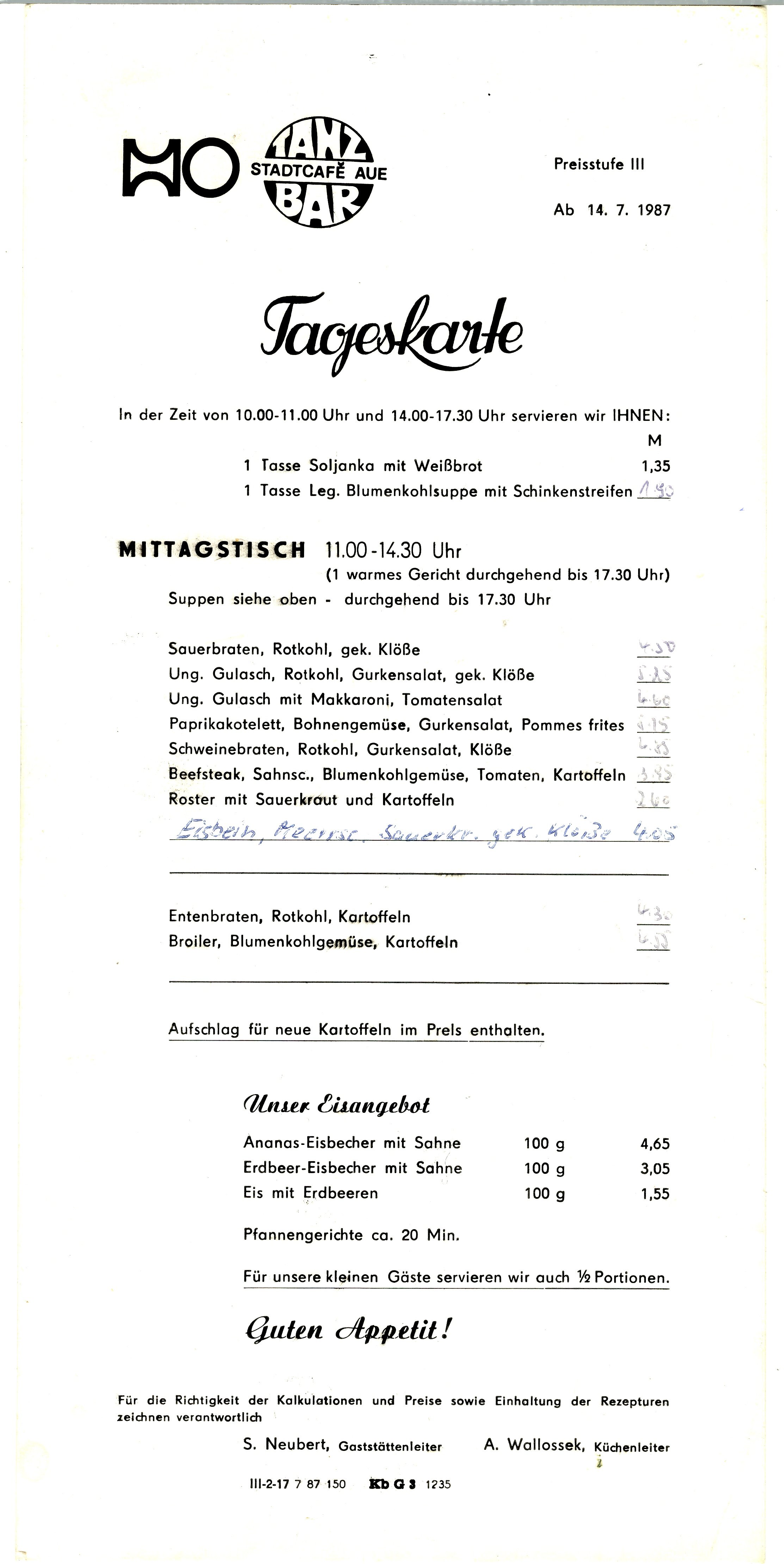 Speisekarte der Tanzbar und HO-Gaststätte "Stadtcafé Aue" (Heimatwelten Zwönitz CC BY-NC-SA)