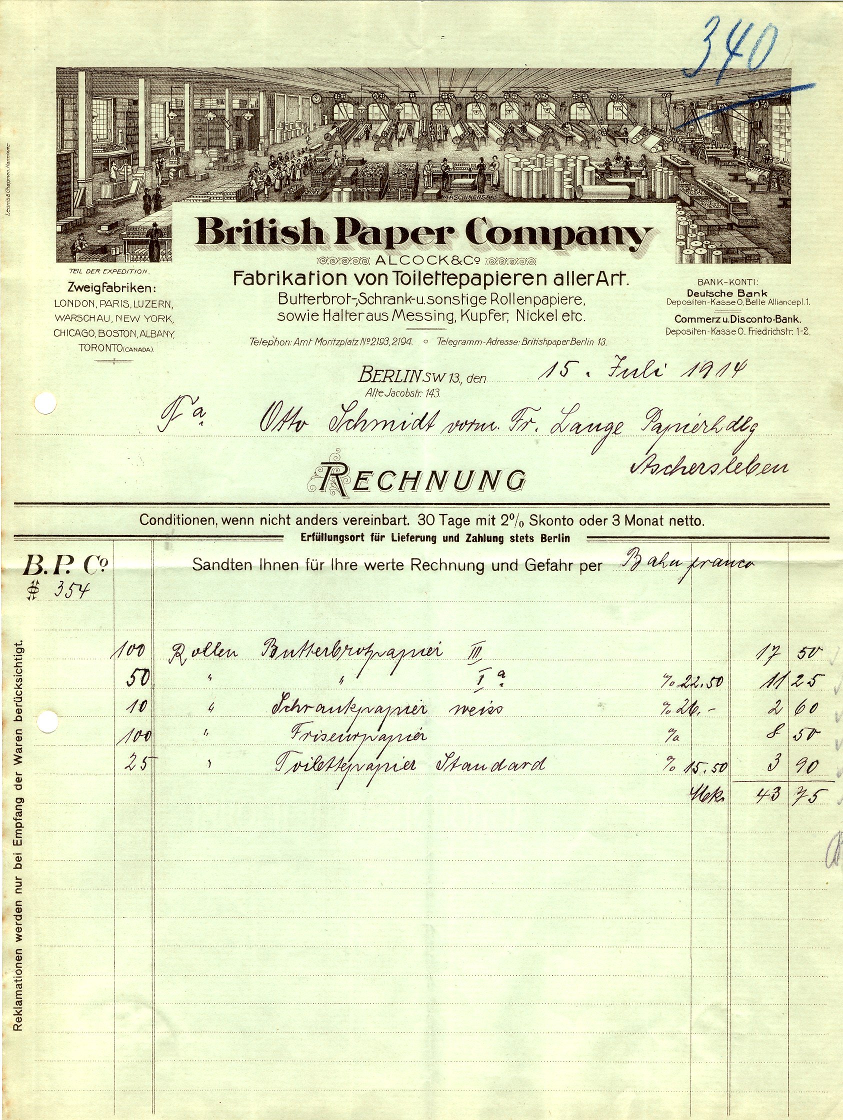 Rechnung der British Paper Company über eine Lieferung verschiedener Papiere (Heimatwelten Zwönitz CC BY-NC-SA)