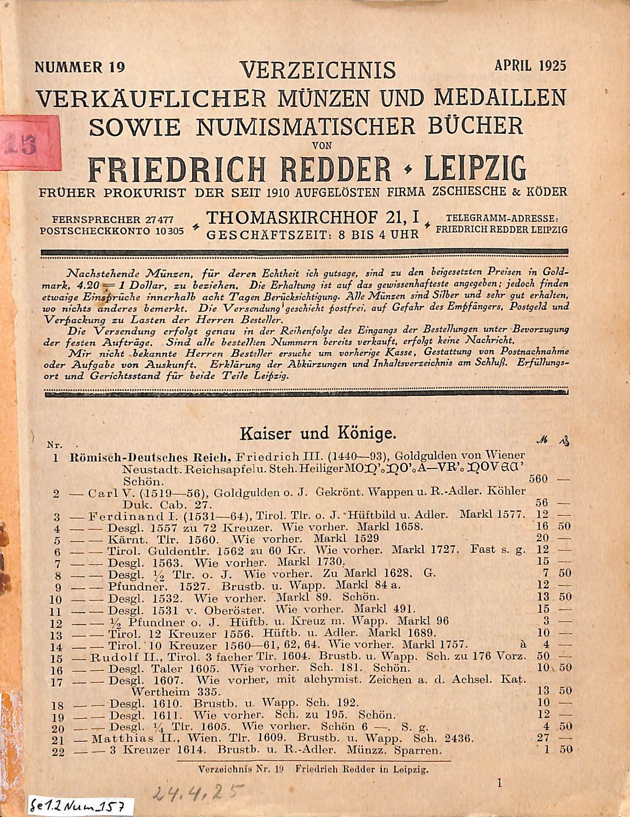 F. Redder, Verzeichnis verkäuflicher Münzen, Medaillen und Bücher 04.1925 (Heimatwelten Zwönitz CC BY-NC-SA)