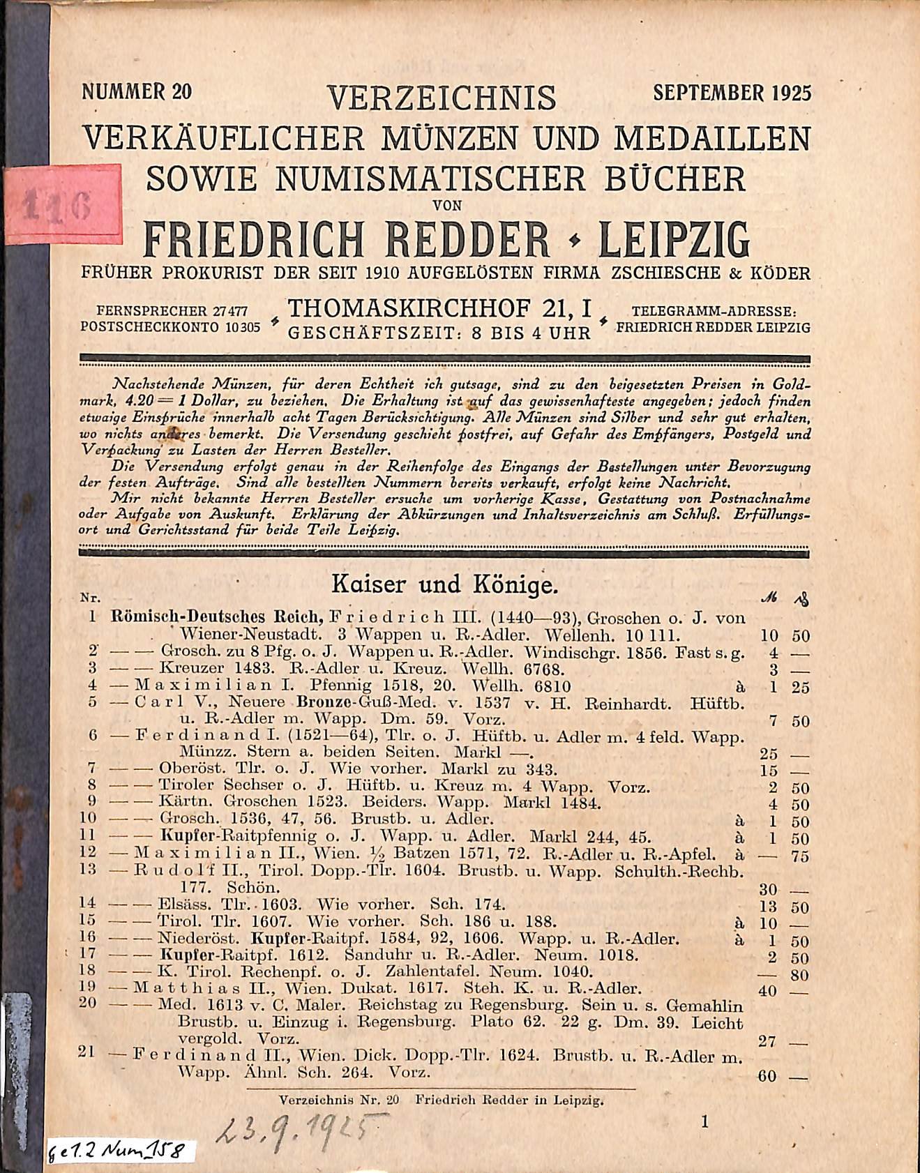 F. Redder, Verzeichnis verkäuflicher Münzen, Medaillen und Bücher 09.1925 (Heimatwelten Zwönitz CC BY-NC-SA)