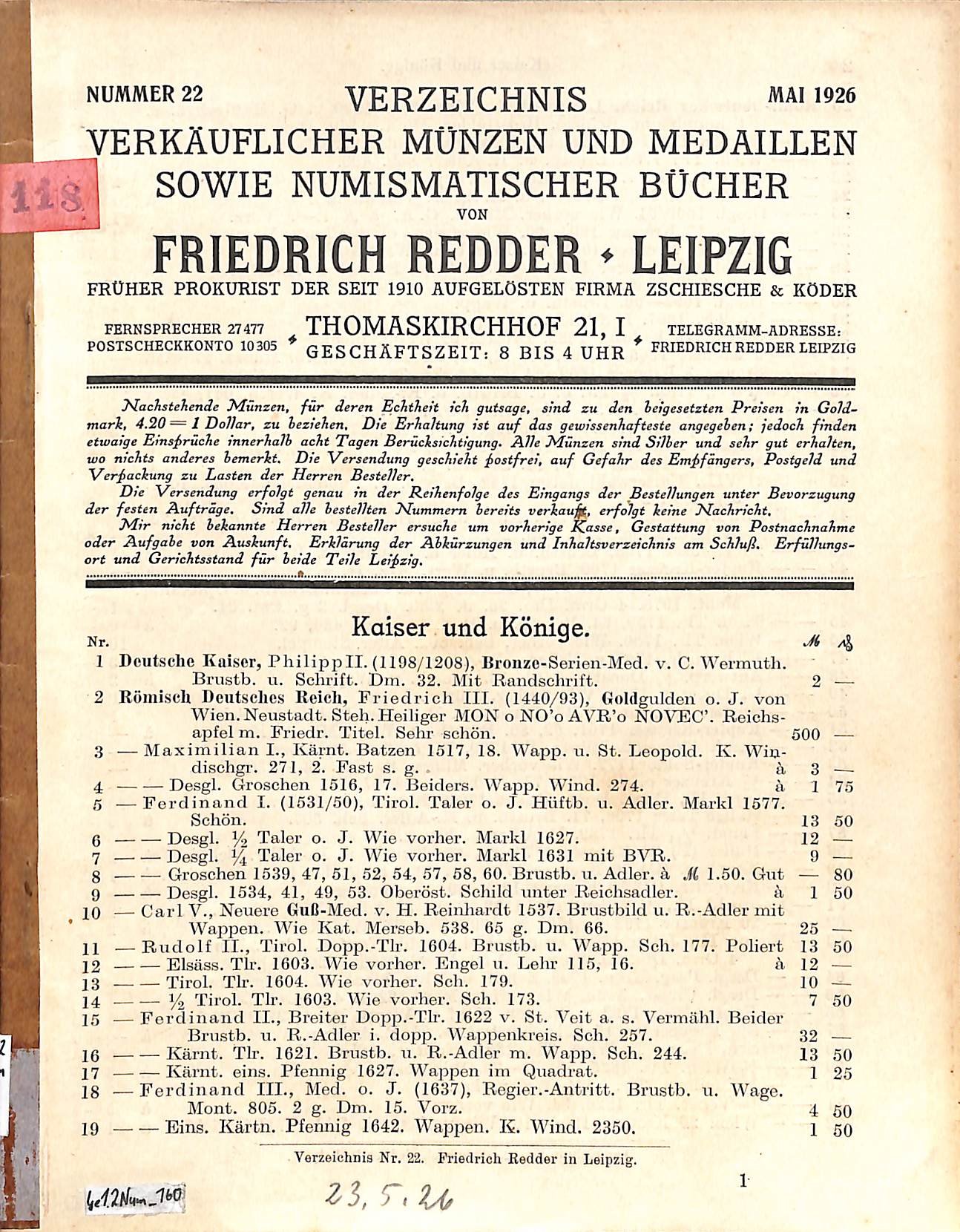 F. Redder, Verzeichnis verkäuflicher Münzen, Medaillen und Bücher Nr. 22 (Heimatwelten Zwönitz CC BY-NC-SA)