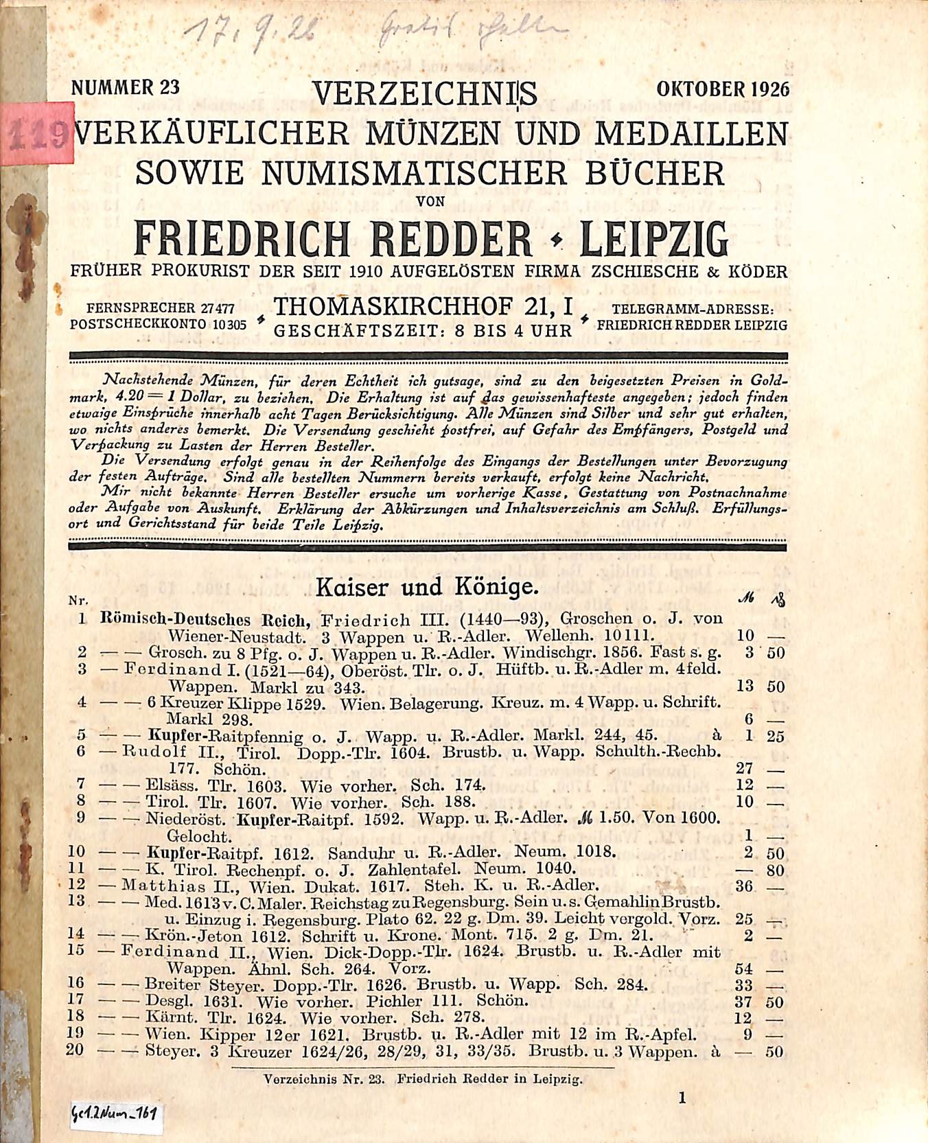 F. Redder, Verzeichnis verkäuflicher Münzen, Medaillen und Bücher Nr. 23 (HEIMATWELTEN Zwönitz - Raritätensammlung Bruno Gebhardt CC BY-NC-SA)