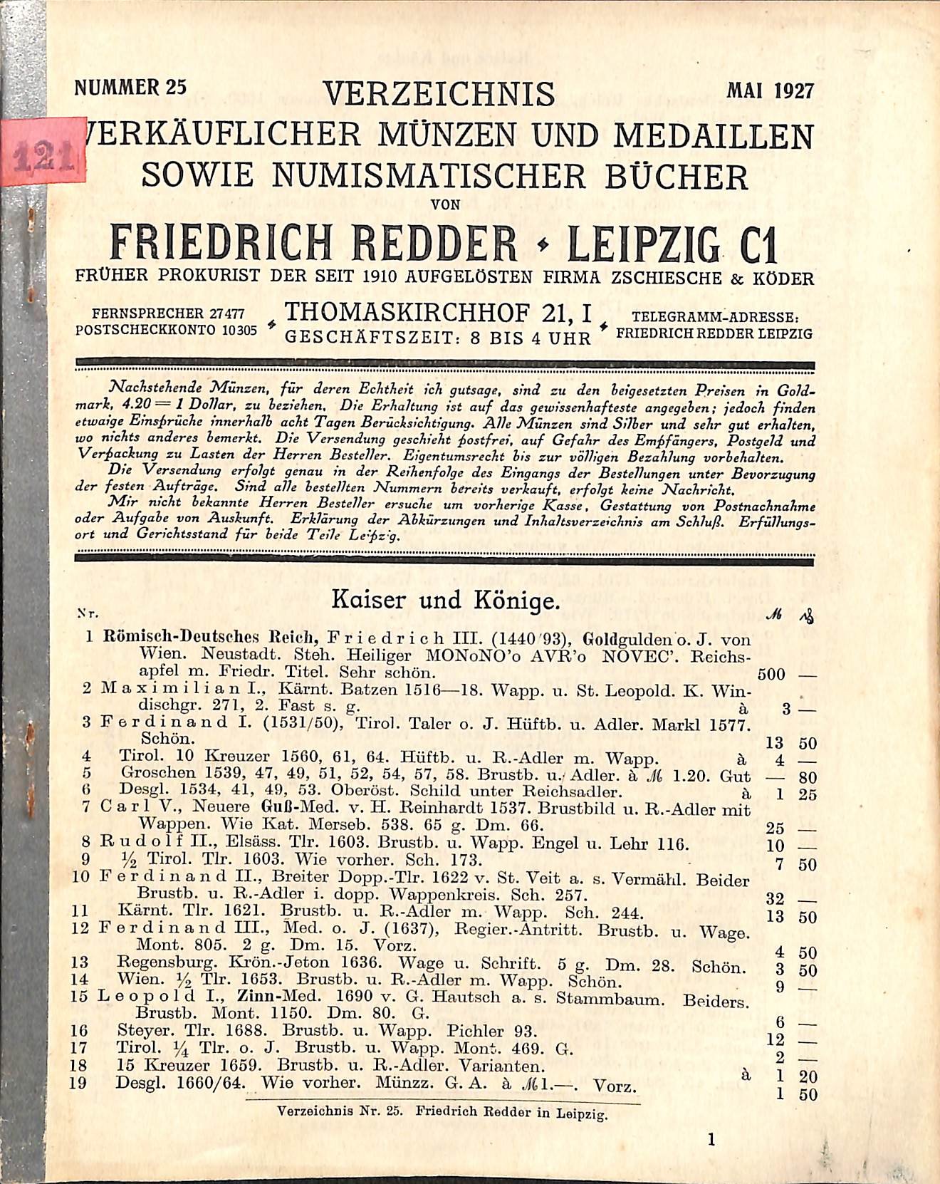 F. Redder, Verzeichnis verkäuflicher Münzen, Medaillen und Bücher Nr. 25 (HEIMATWELTEN Zwönitz - Raritätensammlung Bruno Gebhardt CC BY-NC-SA)