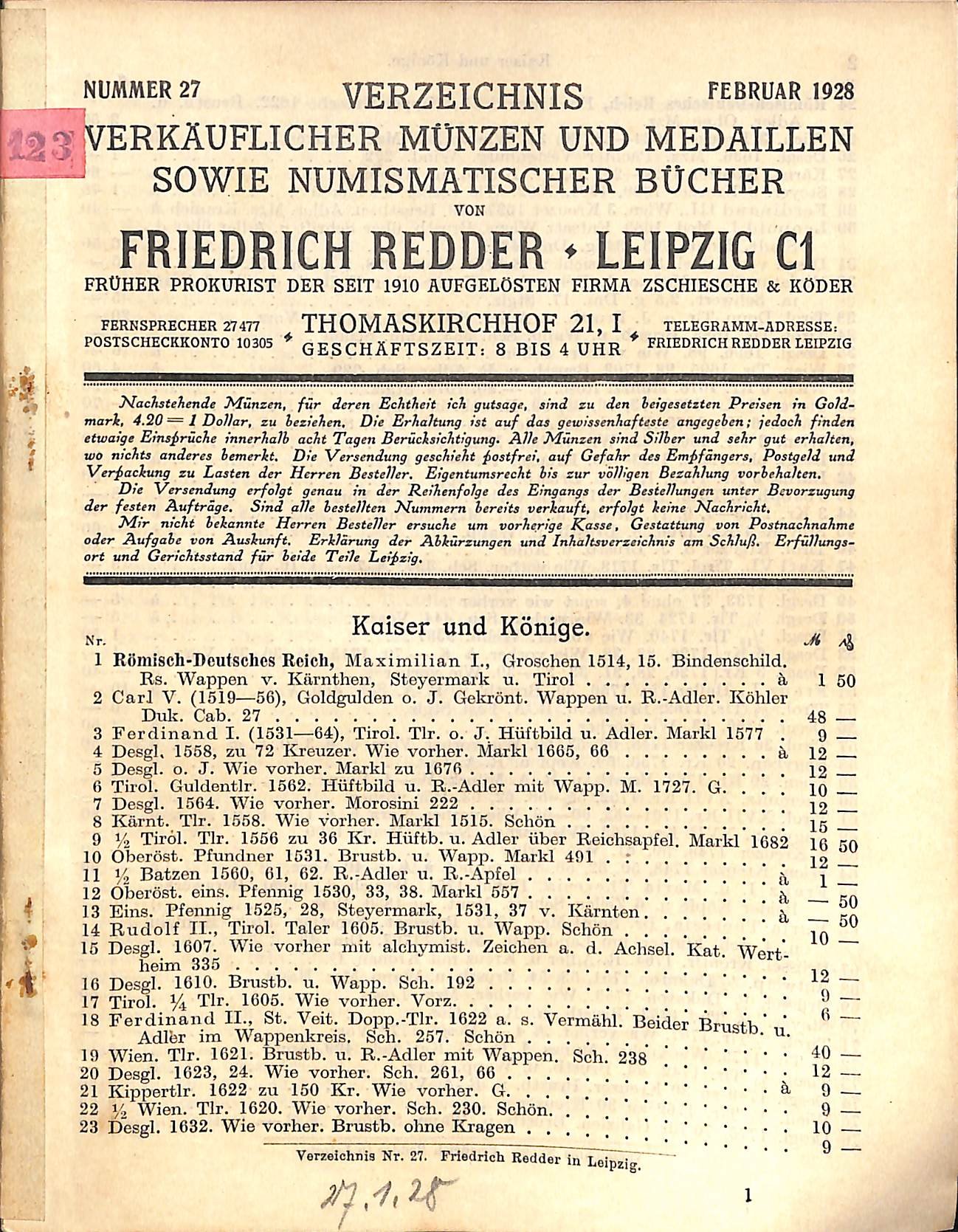F. Redder, Verzeichnis verkäuflicher Münzen, Medaillen und Bücher Nr. 27 (Heimatwelten Zwönitz CC BY-NC-SA)