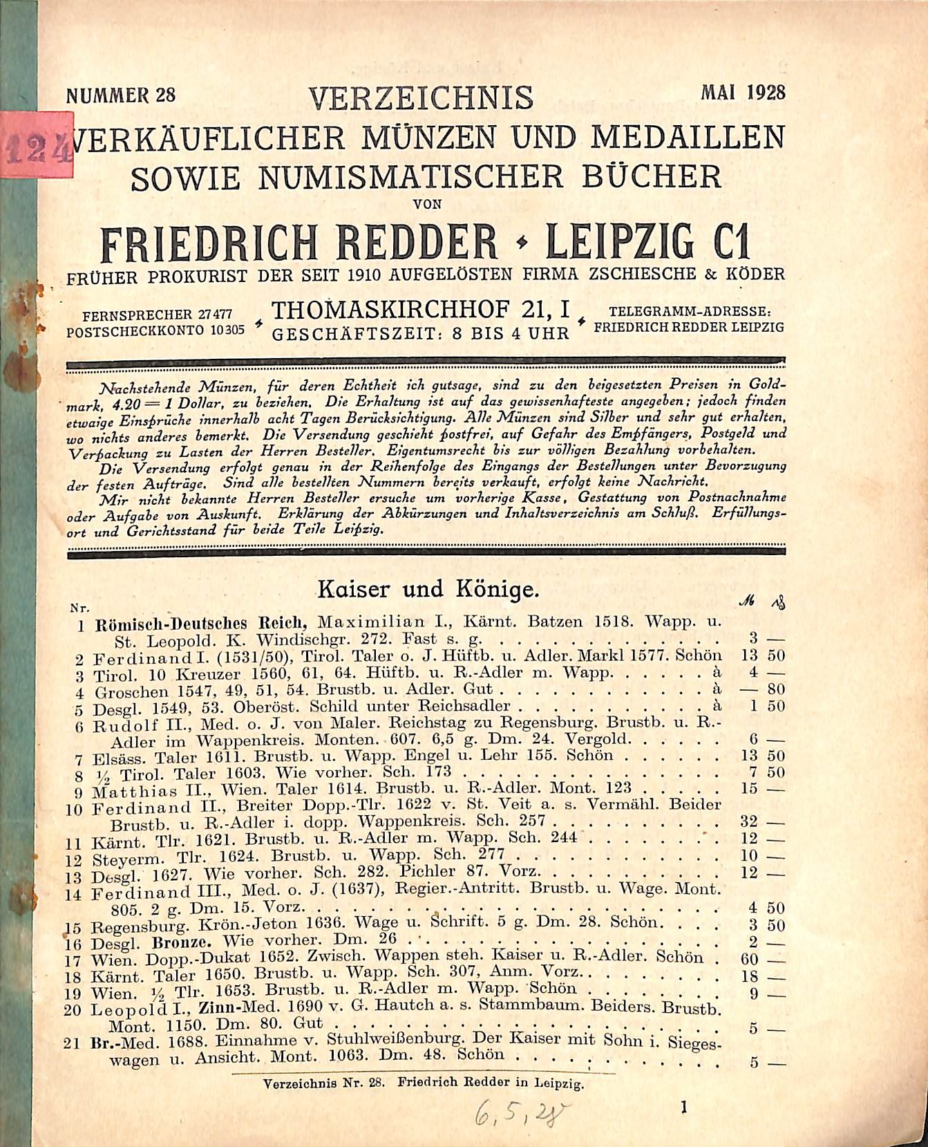 F. Redder, Verzeichnis verkäuflicher Münzen, Medaillen und Bücher Nr. 28 (Heimatwelten Zwönitz CC BY-NC-SA)