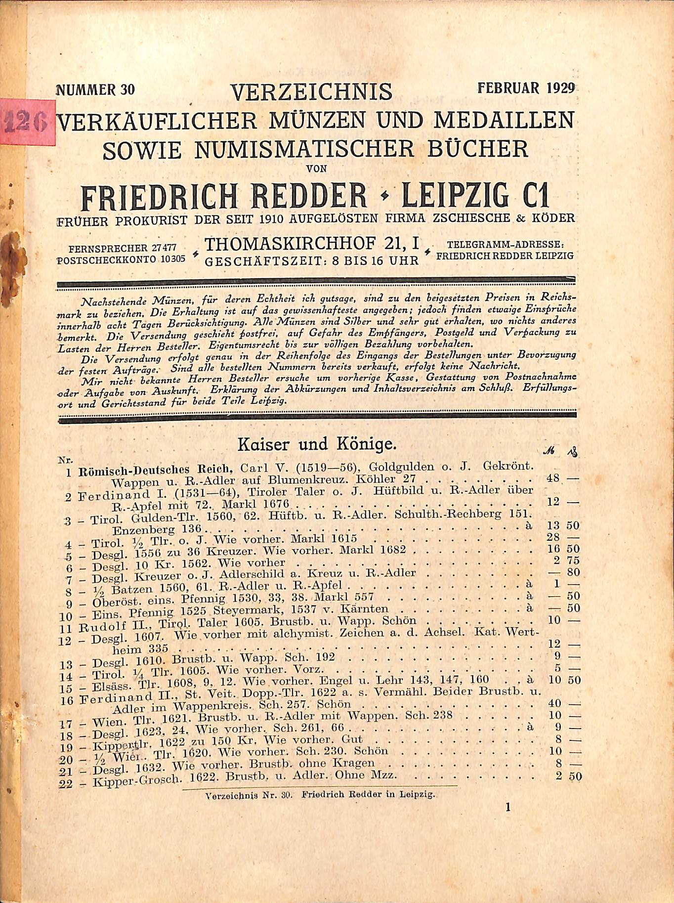 F. Redder, Verzeichnis verkäuflicher Münzen, Medaillen und Bücher Nr. 30 (Heimatwelten Zwönitz CC BY-NC-SA)