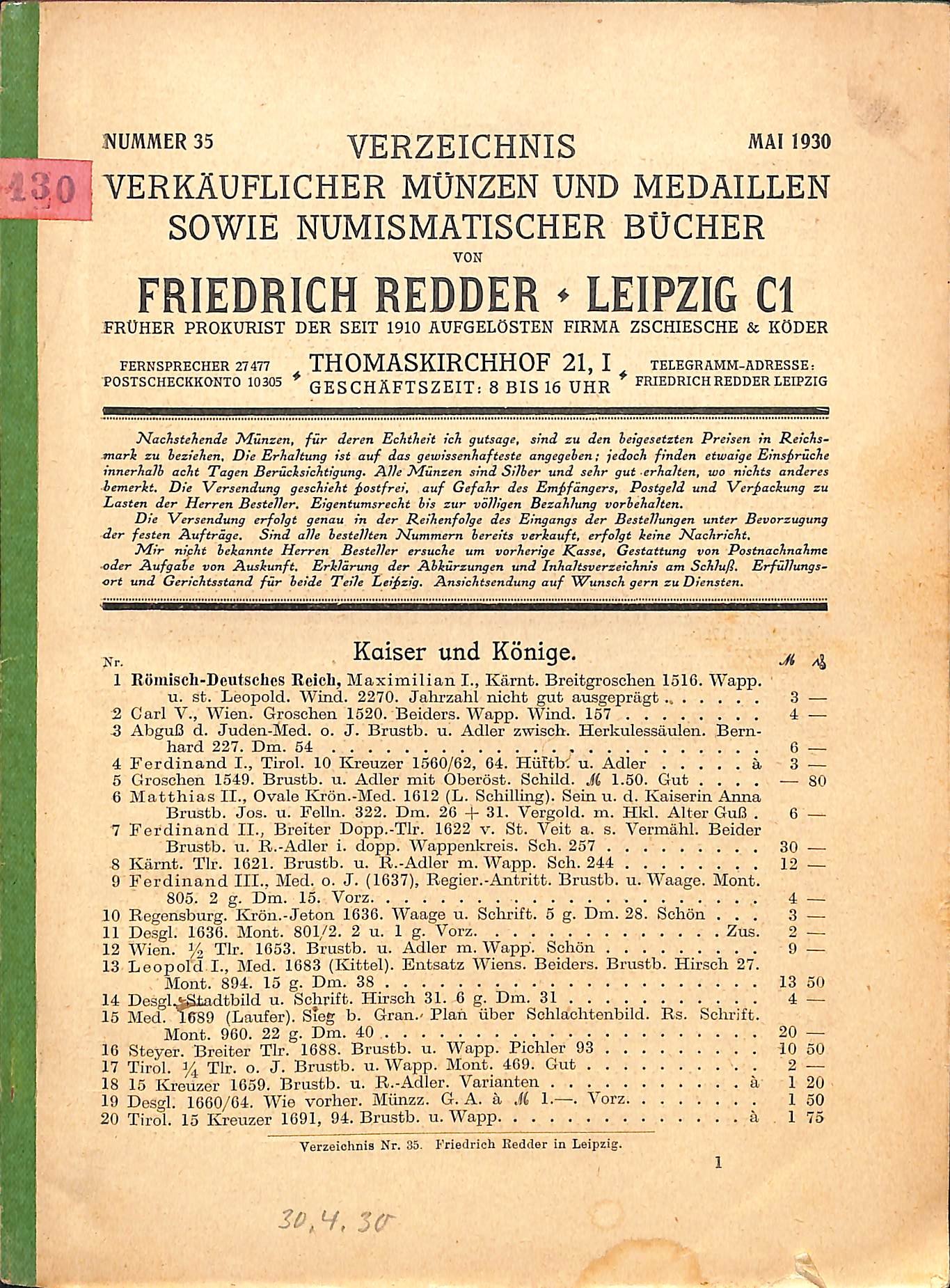 F. Redder, Verzeichnis verkäuflicher Münzen, Medaillen und Bücher Nr. 35 (Heimatwelten Zwönitz CC BY-NC-SA)