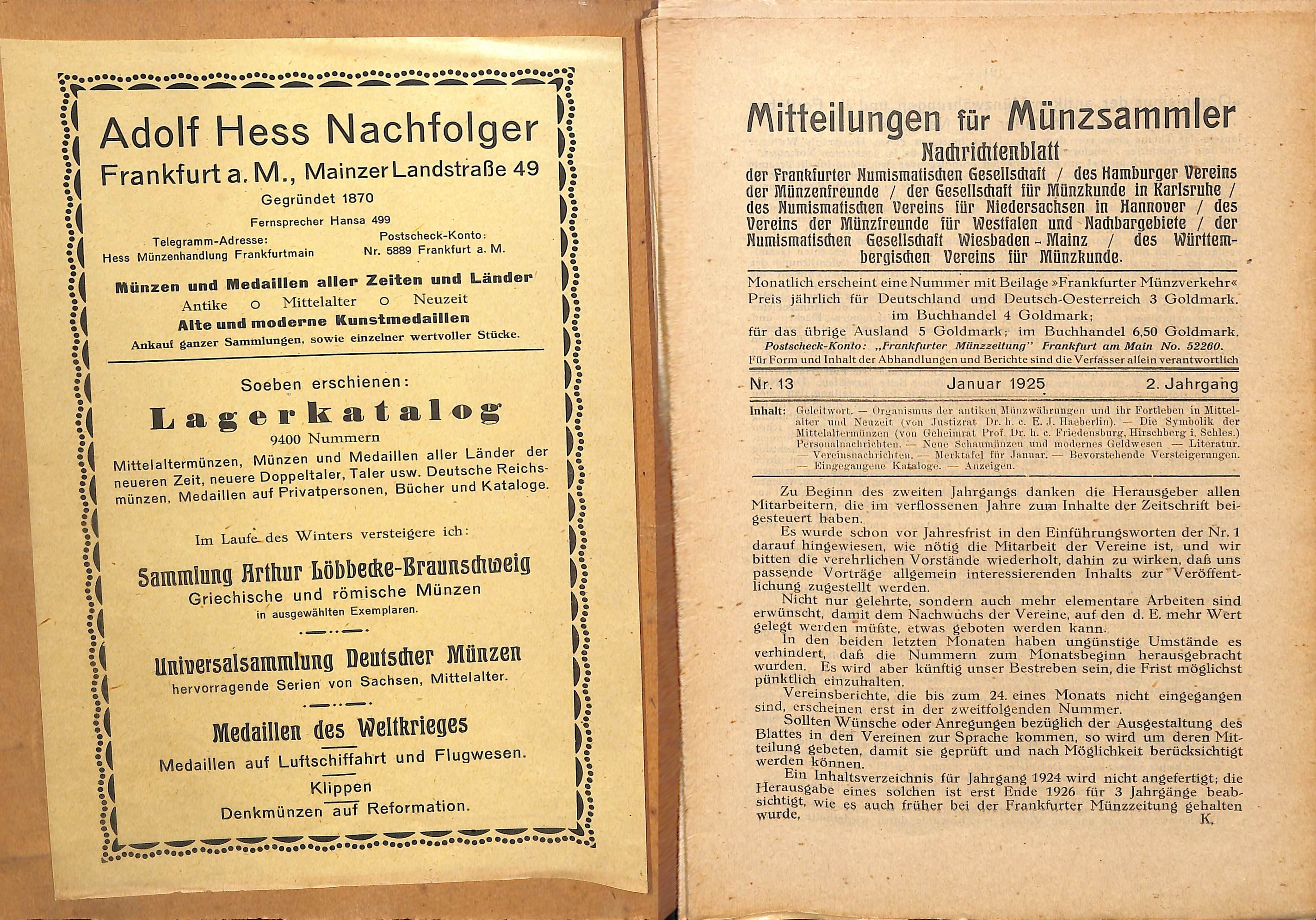 Mitteilungen für Münzsammler 2. Jahrgang 1925 (Heimatwelten Zwönitz CC BY-NC-SA)