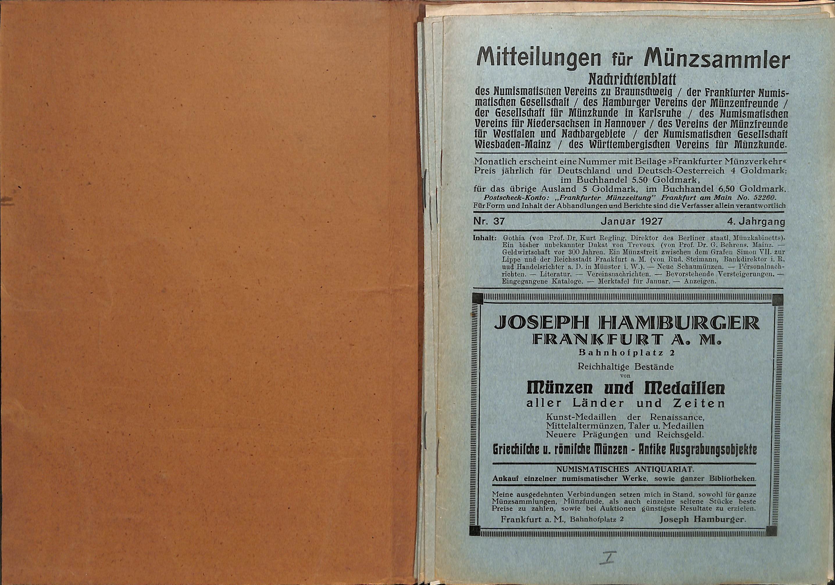Mitteilungen für Münzsammler 4. Jahrgang 1927 (Heimatwelten Zwönitz CC BY-NC-SA)