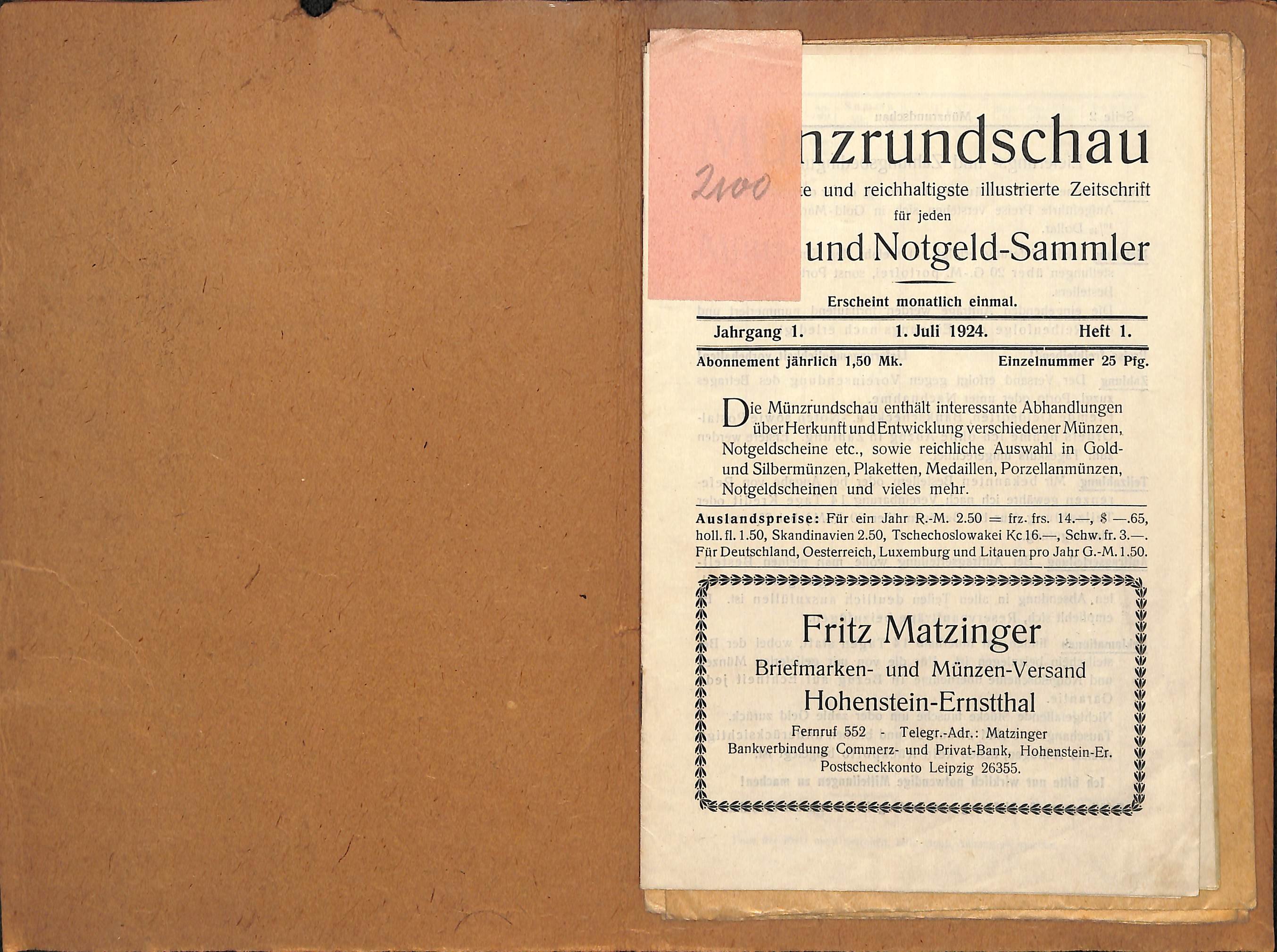 Münzrundschau für jeden Münz- und Notgeldsammler, Jahrgang 1, 1924 Heft 1 bis 3 (Heimatwelten Zwönitz CC BY-NC-SA)