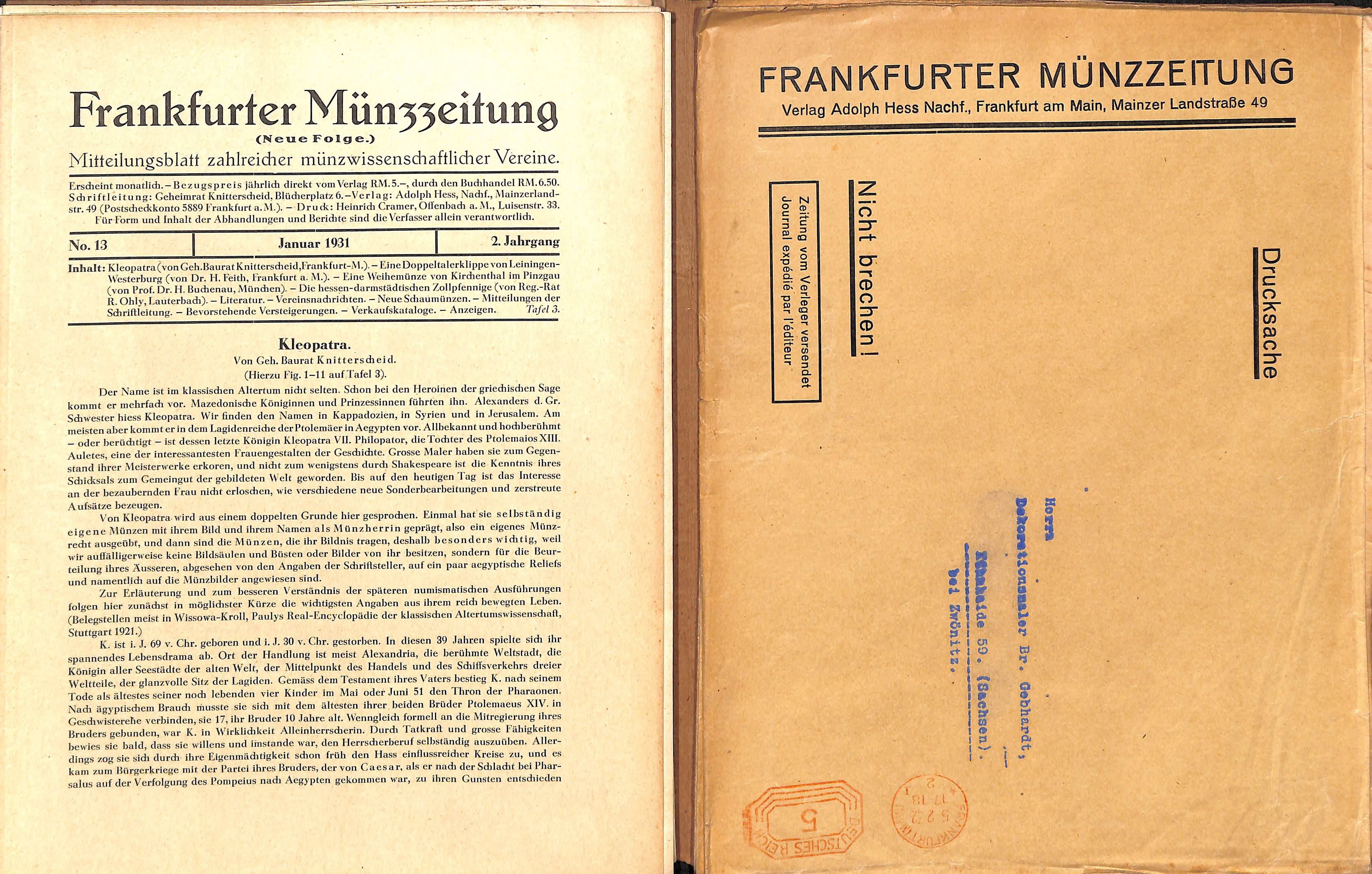 Frankfurter Münzzeitung, Neue Folge, Jahrgang 2, 1931 (HEIMATWELTEN Zwönitz - Raritätensammlung Bruno Gebhardt CC BY-NC-SA)