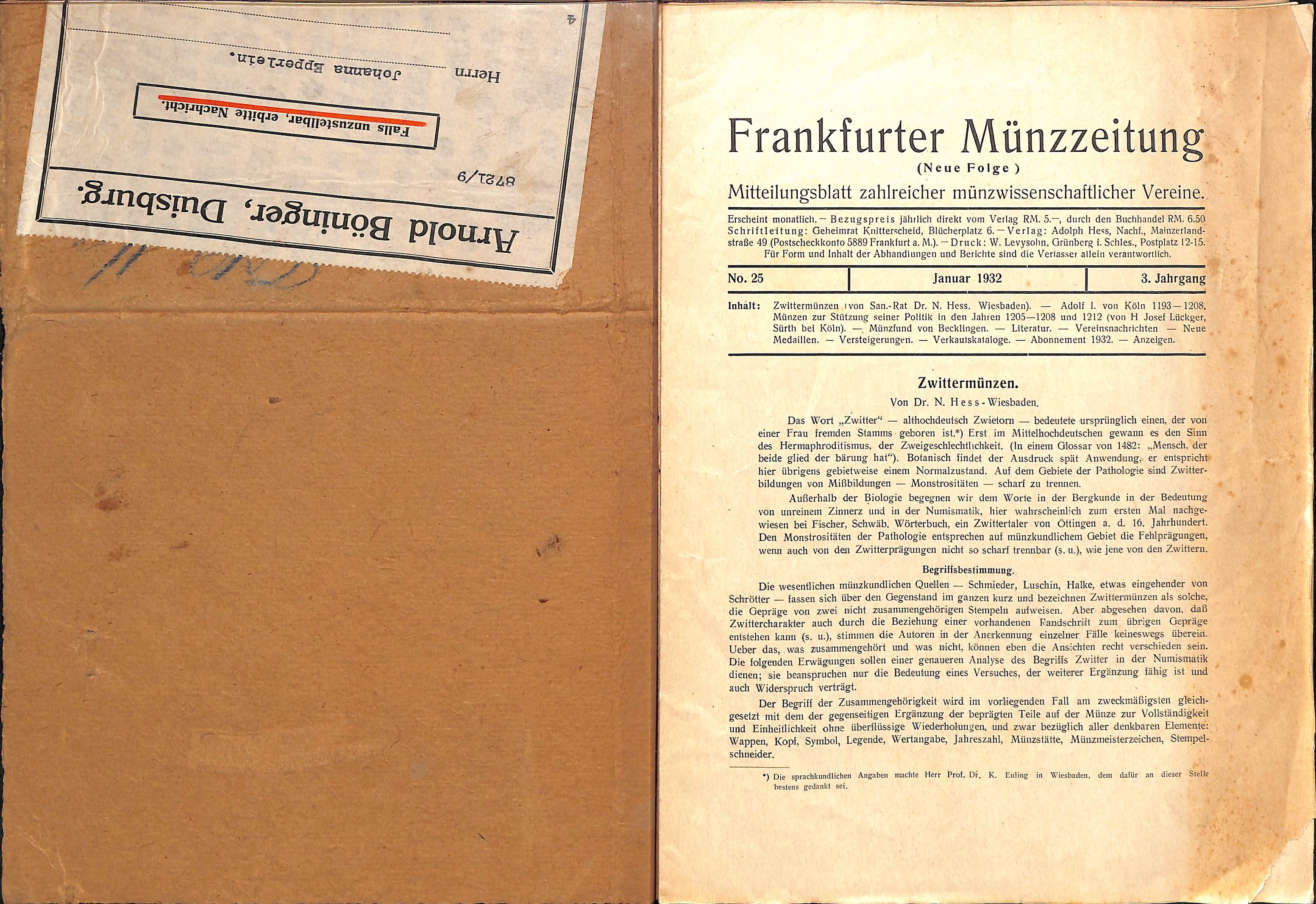 Frankfurter Münzzeitung, Neue Folge, Jahrgang 3, 1932 (Heimatwelten Zwönitz CC BY-NC-SA)