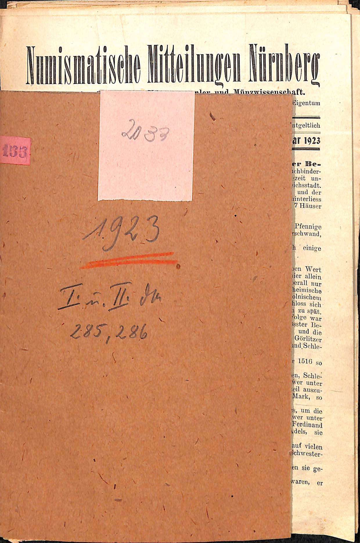 Numismatische Mitteilungen Nürnberg, Jahrgang 1923 (Heimatwelten Zwönitz CC BY-NC-SA)