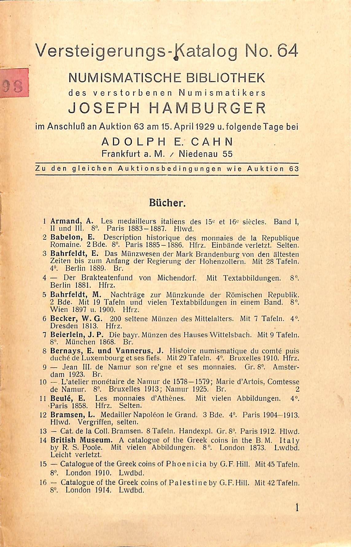 Adolph E. Cahn, Versteigerungs-Katalog No. 64, 1929 (Heimatwelten Zwönitz CC BY-NC-SA)