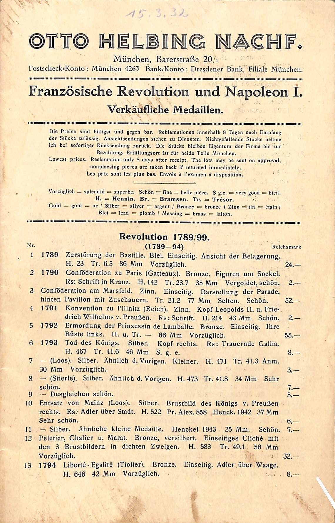 Otto Helbing Nachfolger, Verzeichnis verkäuflicher Medaillen, März 1932 (Heimatwelten Zwönitz CC BY-NC-SA)