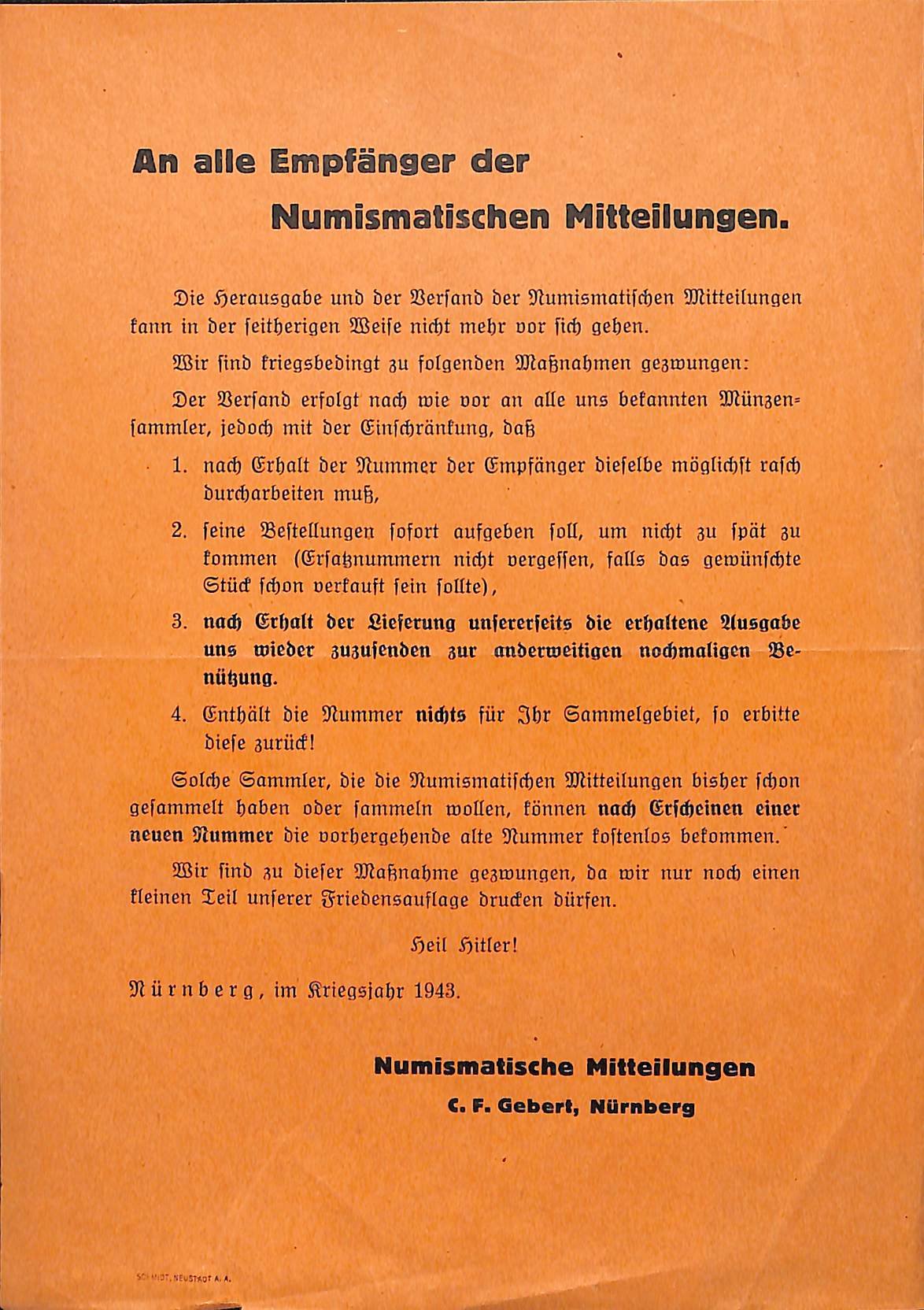 Info-Blatt bezüglich kriegsbedingter Änderungen für Abonnementen der Numismatischen Mitteilungen (Heimatwelten Zwönitz CC BY-NC-SA)