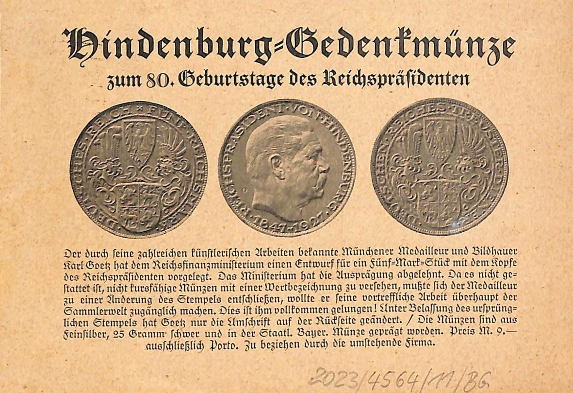 Reklamepostkarte - Hindenburg Gedenkmünze (Heimatwelten Zwönitz CC BY-NC-SA)