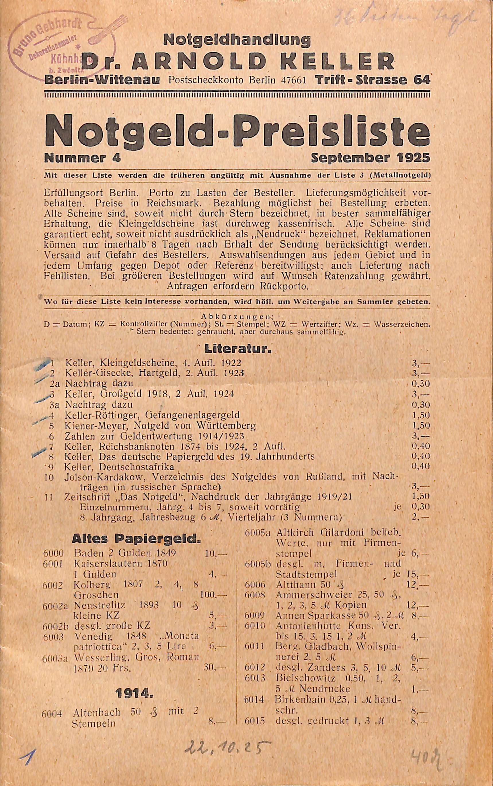 A. Keller, Notgeld-Preisliste Nr. 4, 1925 (Heimatwelten Zwönitz CC BY-NC-SA)