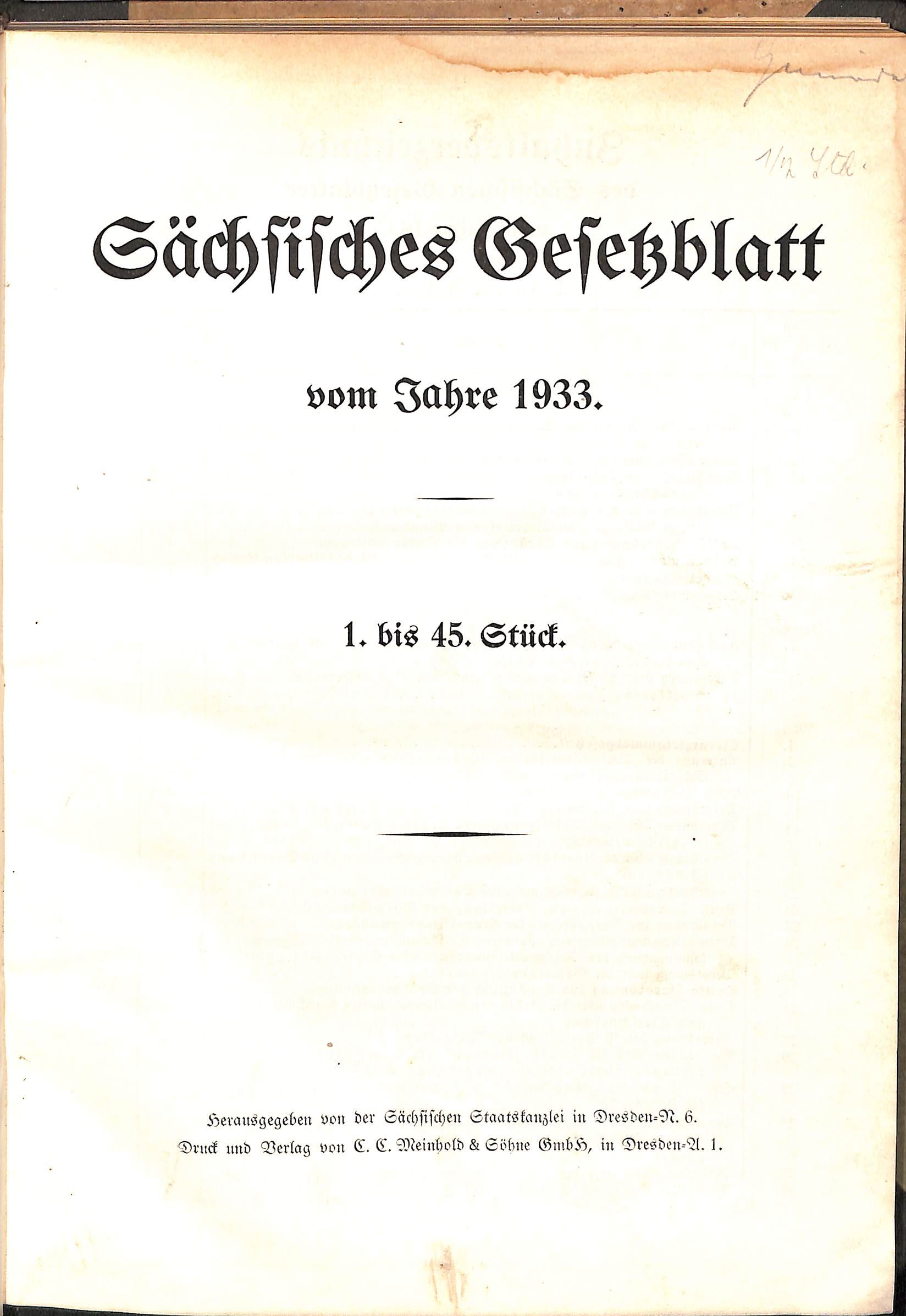 Sächsisches Gesetzblatt vom Jahr 1933. 1 bis 45 Stück. (Heimatwelten Zwönitz CC BY-NC-SA)