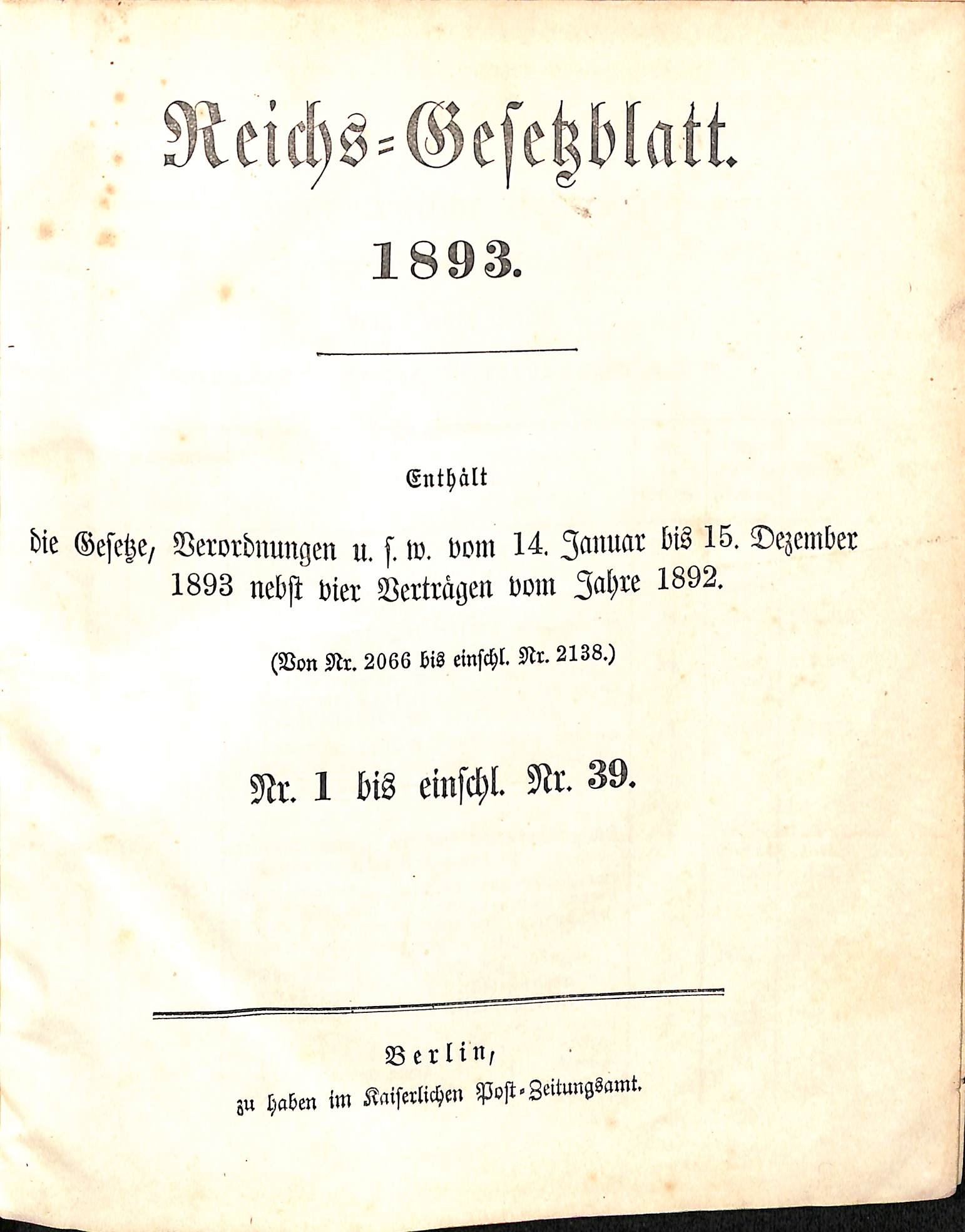 Reichs-Gesetzblatt 1893 (HEIMATWELTEN Zwönitz - Raritätensammlung Bruno Gebhardt CC BY-NC-SA)