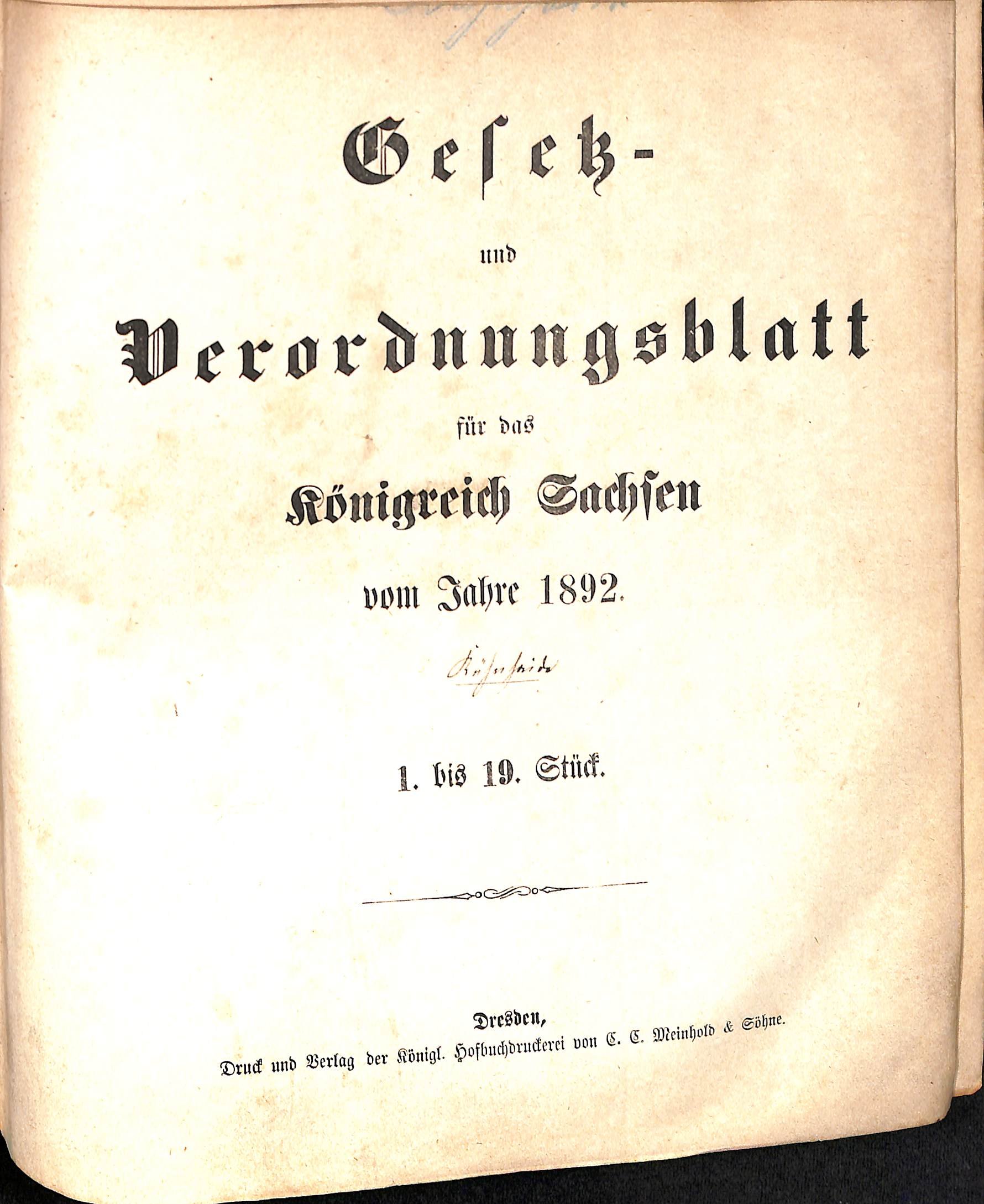 Gesetz- und Verordnungsblatt für das Königreich Sachsen vom Jahre 1892 (HEIMATWELTEN Zwönitz - Raritätensammlung Bruno Gebhardt CC BY-NC-SA)