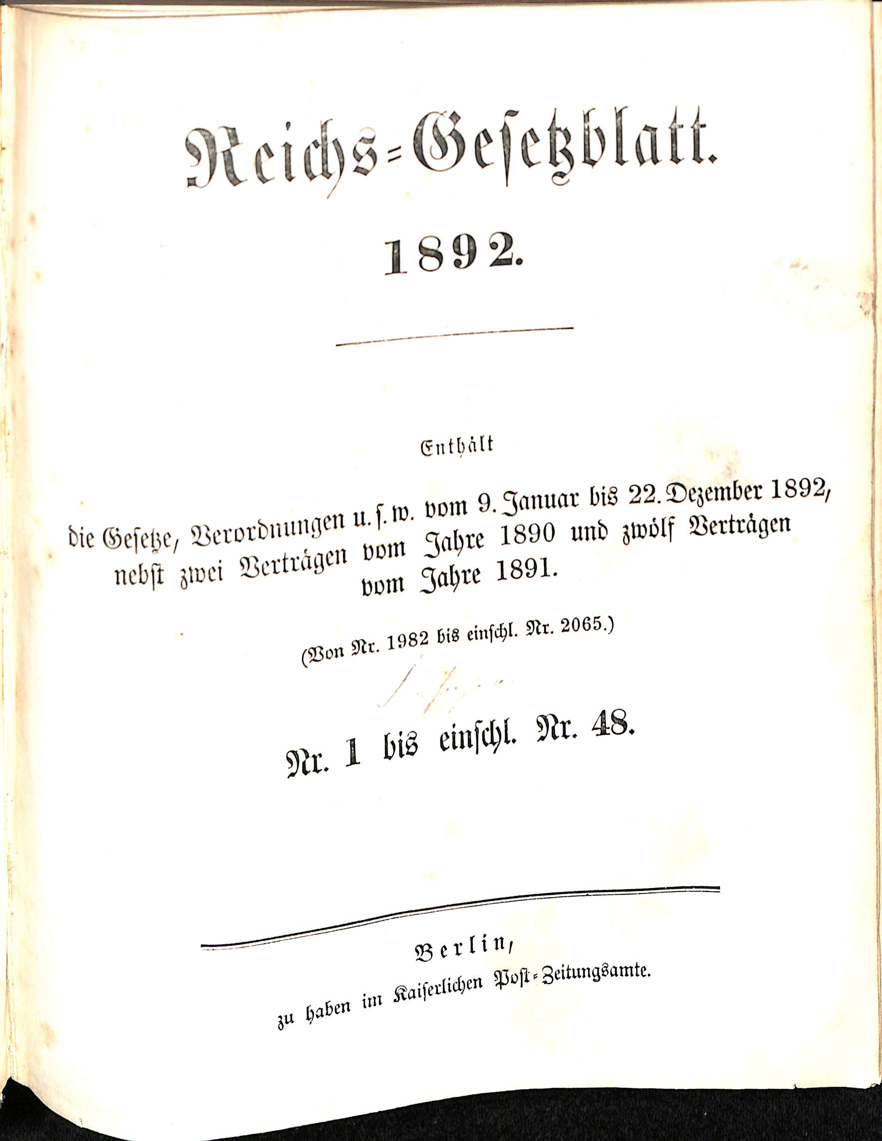 Reichs-Gesetzblatt 1892 (HEIMATWELTEN Zwönitz - Raritätensammlung Bruno Gebhardt CC BY-NC-SA)