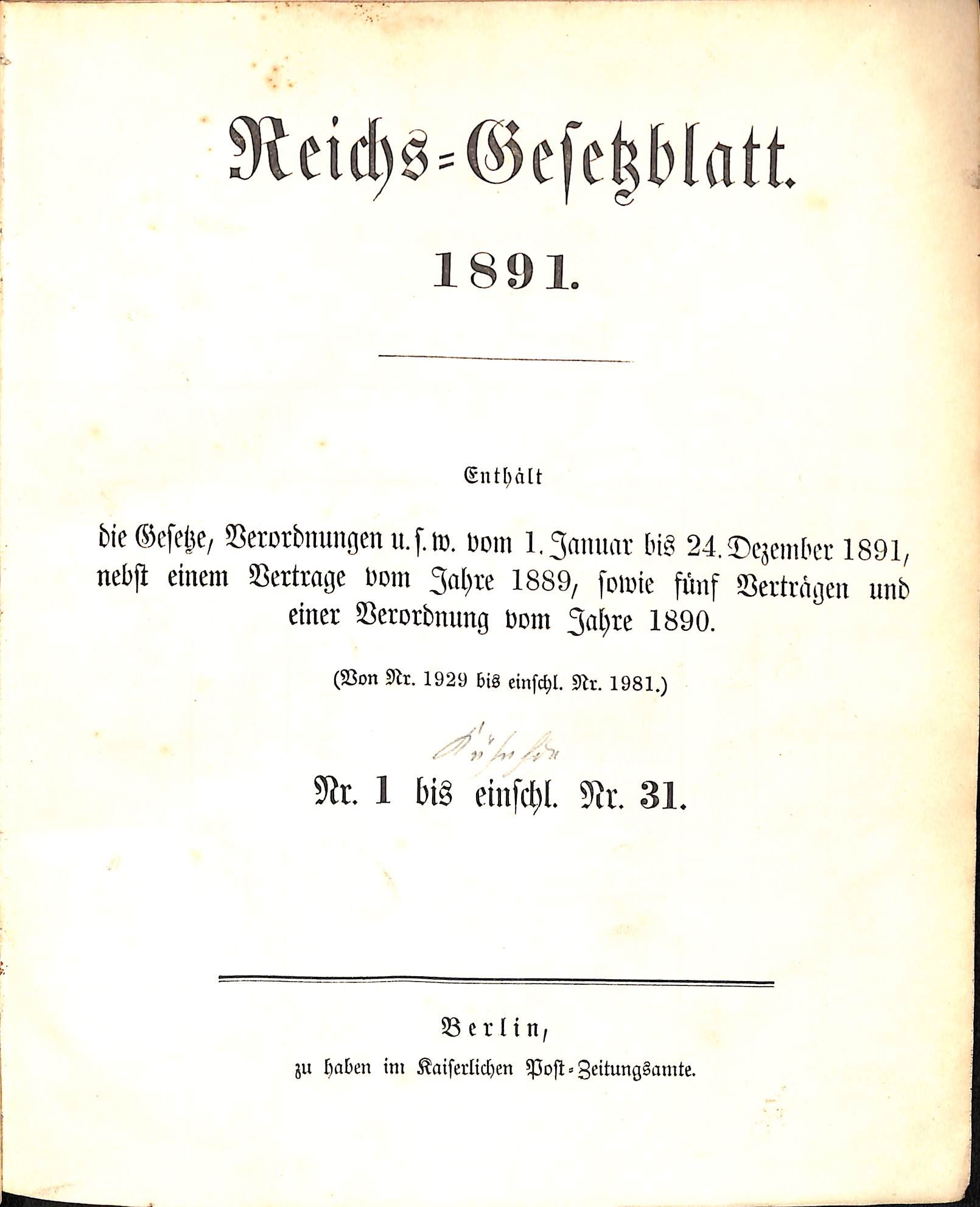 Reichs-Gesetzblatt 1891 (HEIMATWELTEN Zwönitz - Raritätensammlung Bruno Gebhardt CC BY-NC-SA)