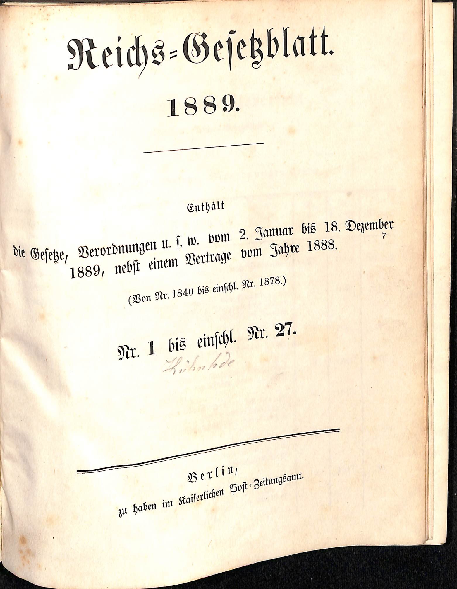 Reichs-Gesetzblatt 1889 (HEIMATWELTEN Zwönitz - Raritätensammlung Bruno Gebhardt CC BY-NC-SA)
