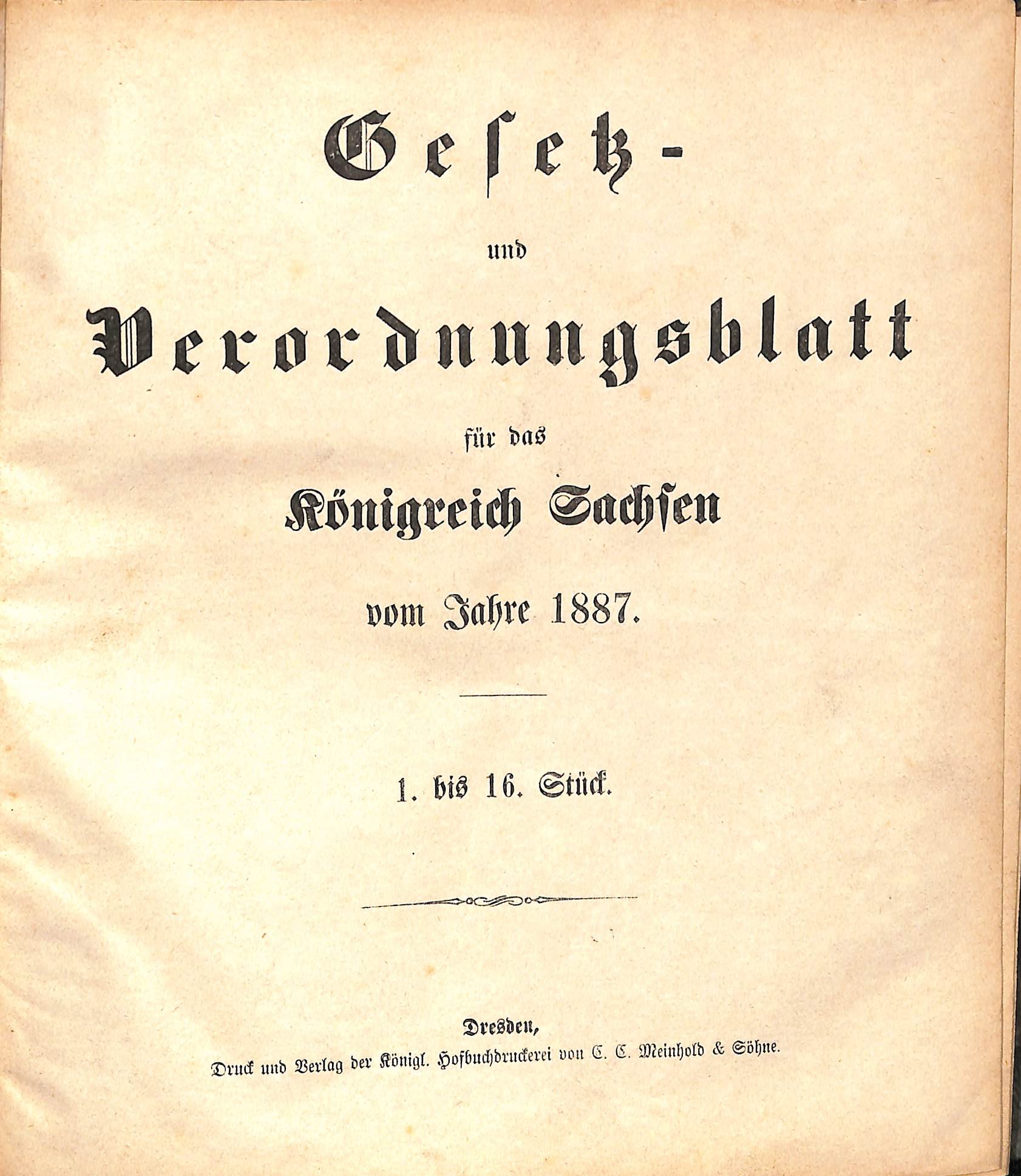 Gesetz- und Verordnungsblatt für das Königreich Sachsen vom Jahre 1887 (HEIMATWELTEN Zwönitz - Raritätensammlung Bruno Gebhardt CC BY-NC-SA)