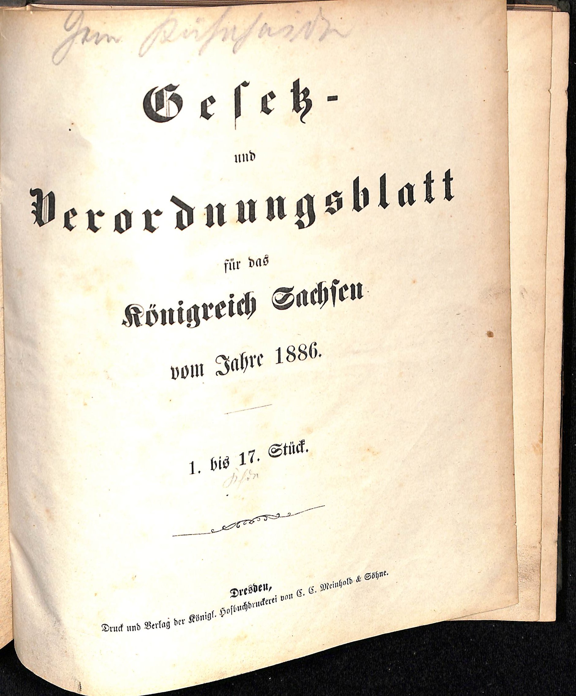 Gesetz- und Verordnungsblatt für das Königreich Sachsen vom Jahre 1886 (HEIMATWELTEN Zwönitz - Raritätensammlung Bruno Gebhardt CC BY-NC-SA)
