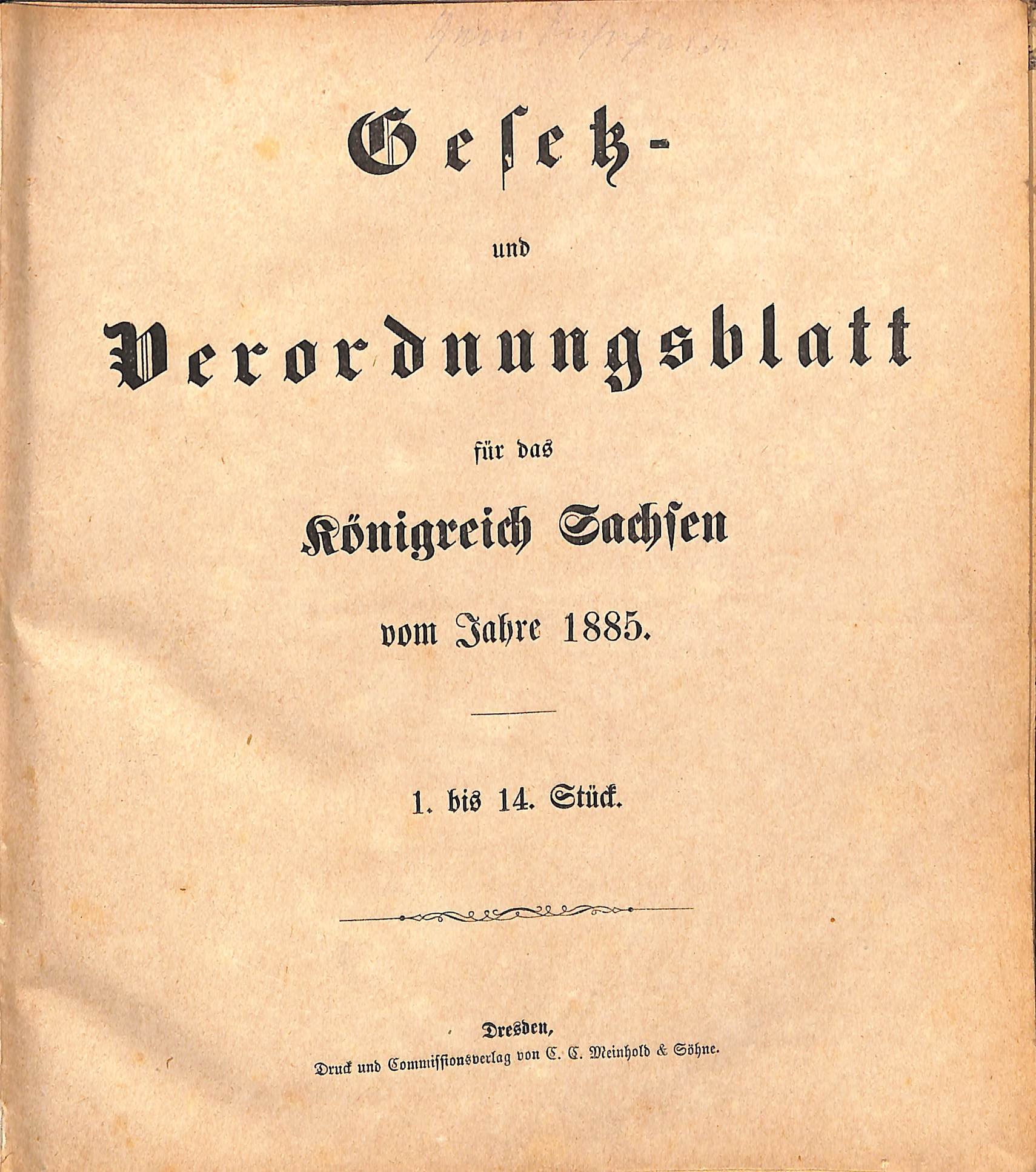 Gesetz- und Verordnungsblatt für das Königreich Sachsen vom Jahre 1885 (HEIMATWELTEN Zwönitz - Raritätensammlung Bruno Gebhardt CC BY-NC-SA)