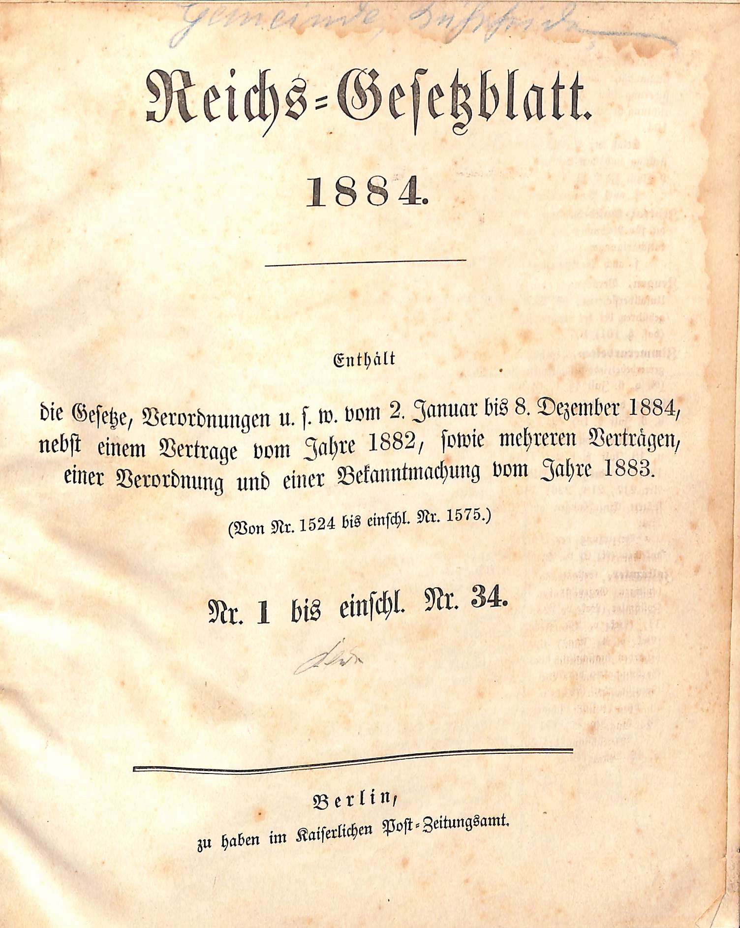 Reichs-Gesetzblatt 1884 (HEIMATWELTEN Zwönitz - Raritätensammlung Bruno Gebhardt CC BY-NC-SA)