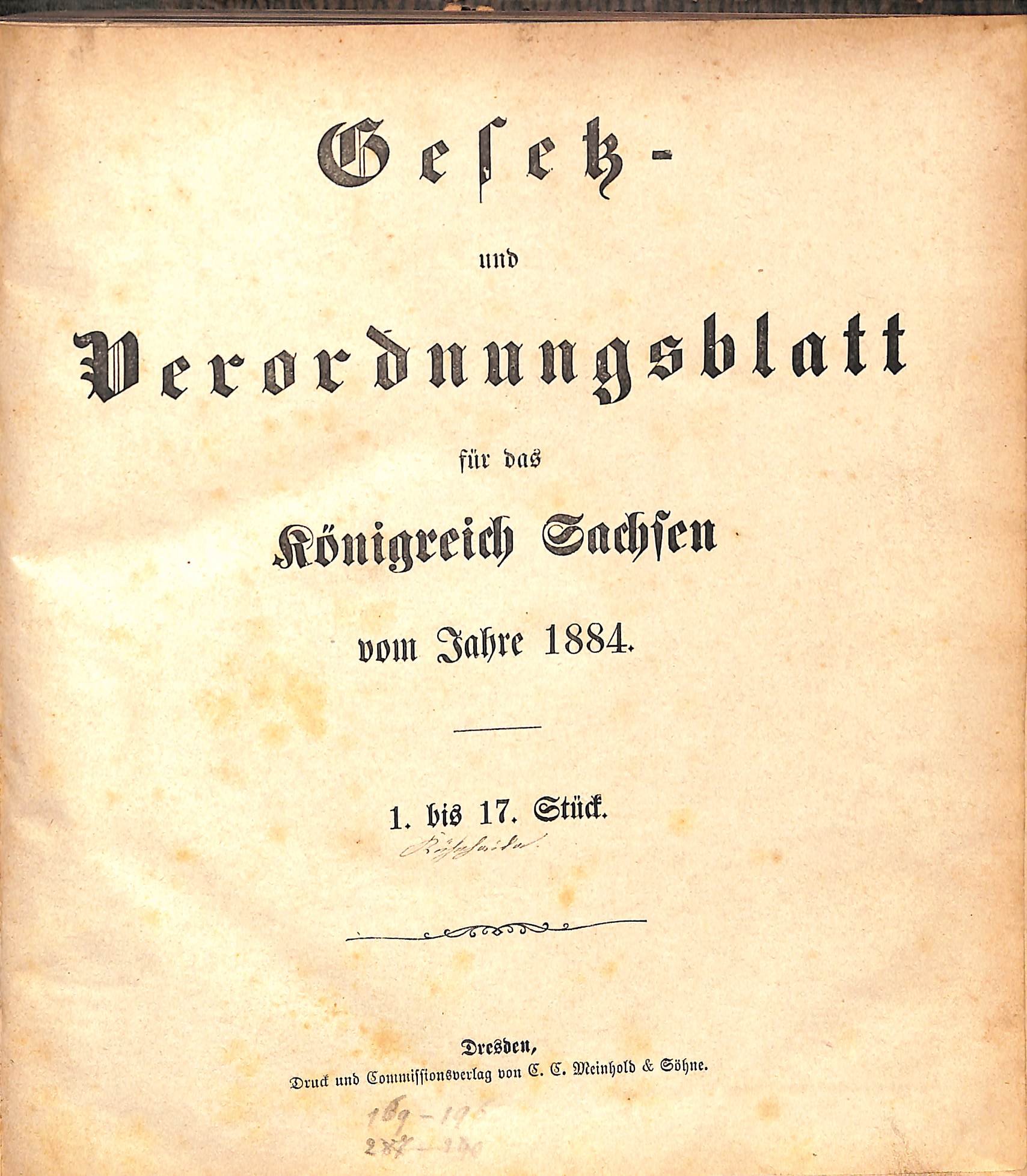 Gesetz- und Verordnungsblatt für das Königreich Sachsen vom Jahre 1884 (HEIMATWELTEN Zwönitz - Raritätensammlung Bruno Gebhardt CC BY-NC-SA)