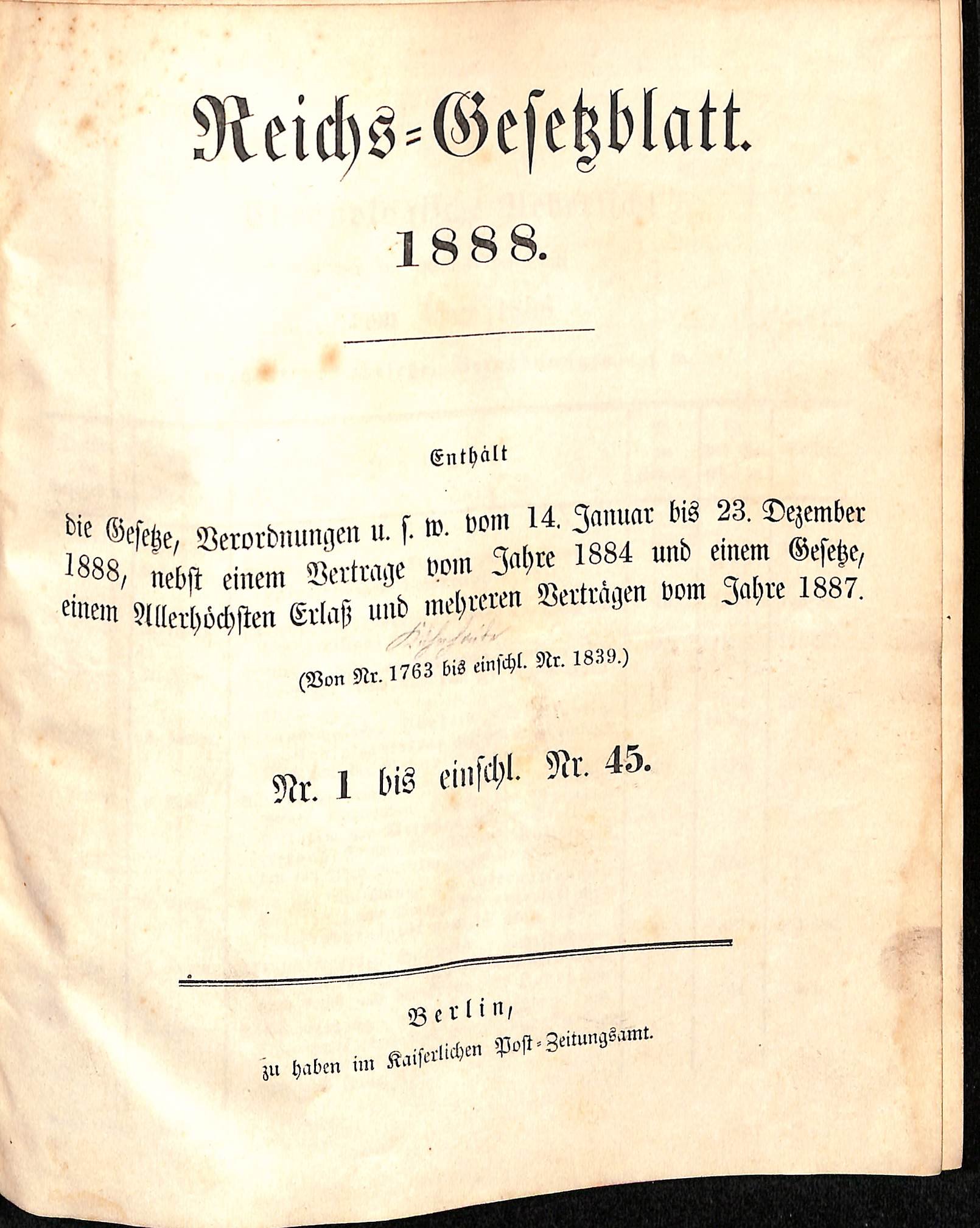 Reichs-Gesetzblatt 1888 (HEIMATWELTEN Zwönitz - Raritätensammlung Bruno Gebhardt CC BY-NC-SA)