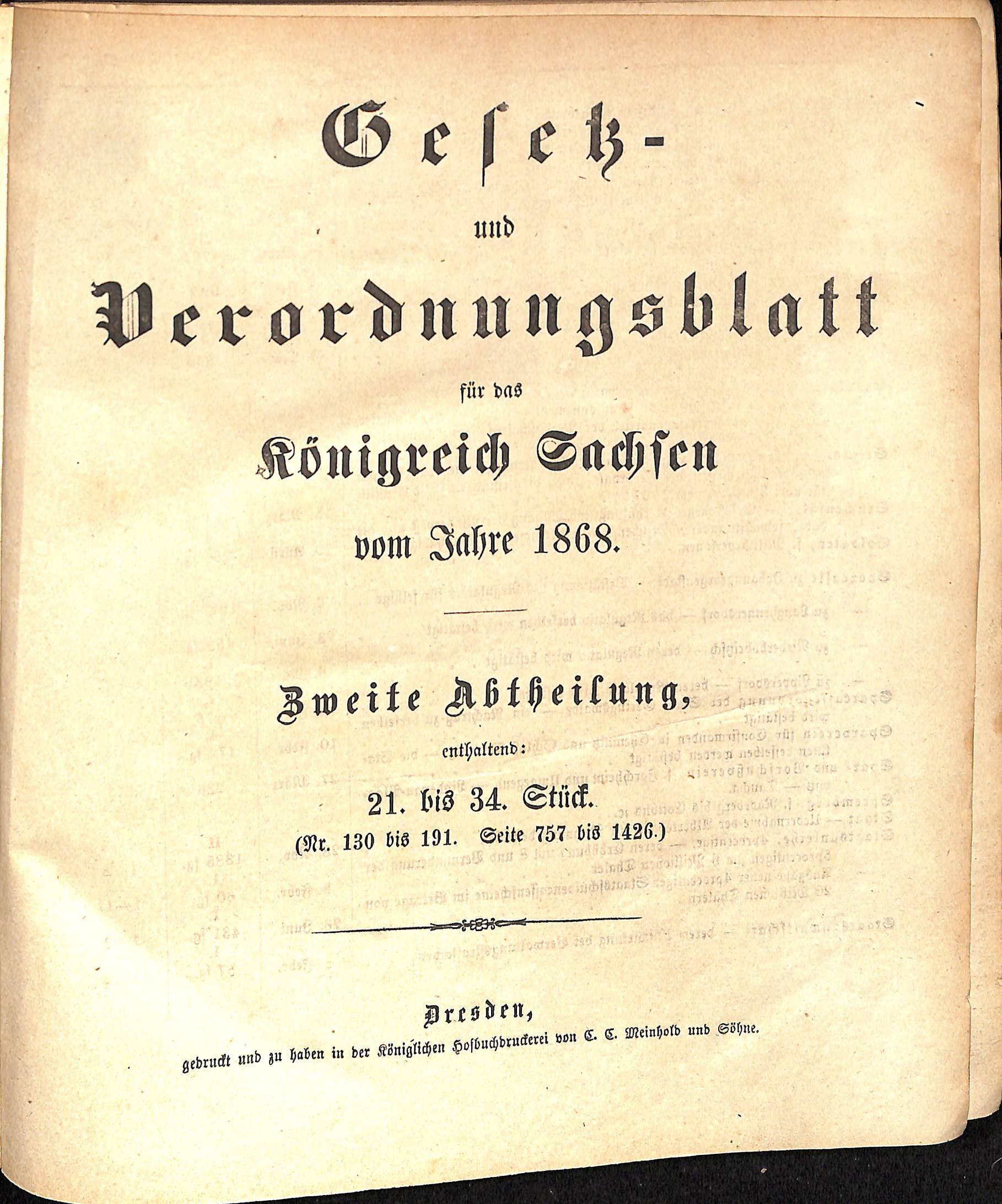 Gesetz- und Verordnungsblatt für das Königreich Sachsen vom Jahre 1868 (HEIMATWELTEN Zwönitz - Raritätensammlung Bruno Gebhardt CC BY-NC-SA)