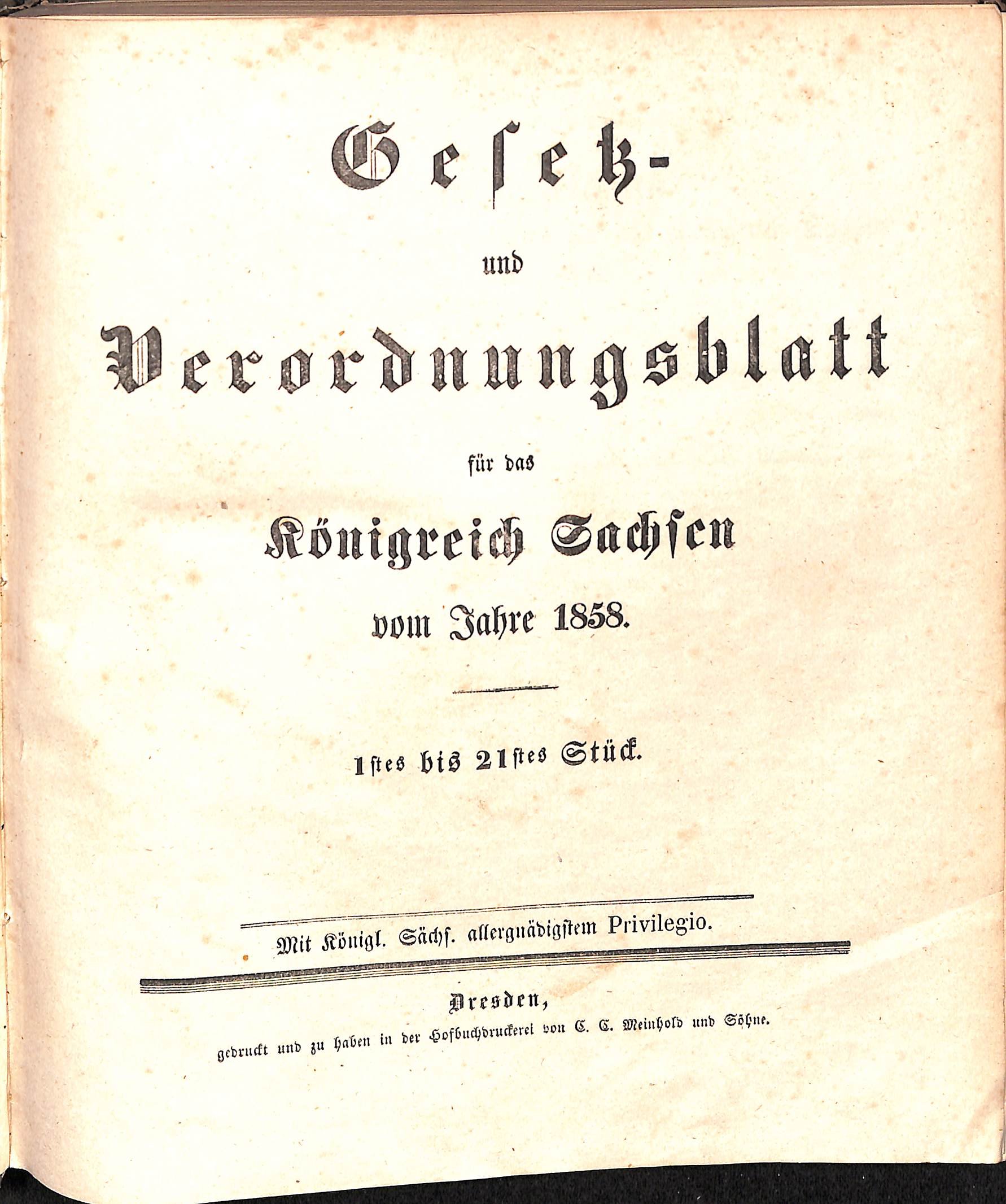 Gesetz- und Verordnungsblatt für das Königreich Sachsen vom Jahre 1858 (HEIMATWELTEN Zwönitz - Raritätensammlung Bruno Gebhardt CC BY-NC-SA)