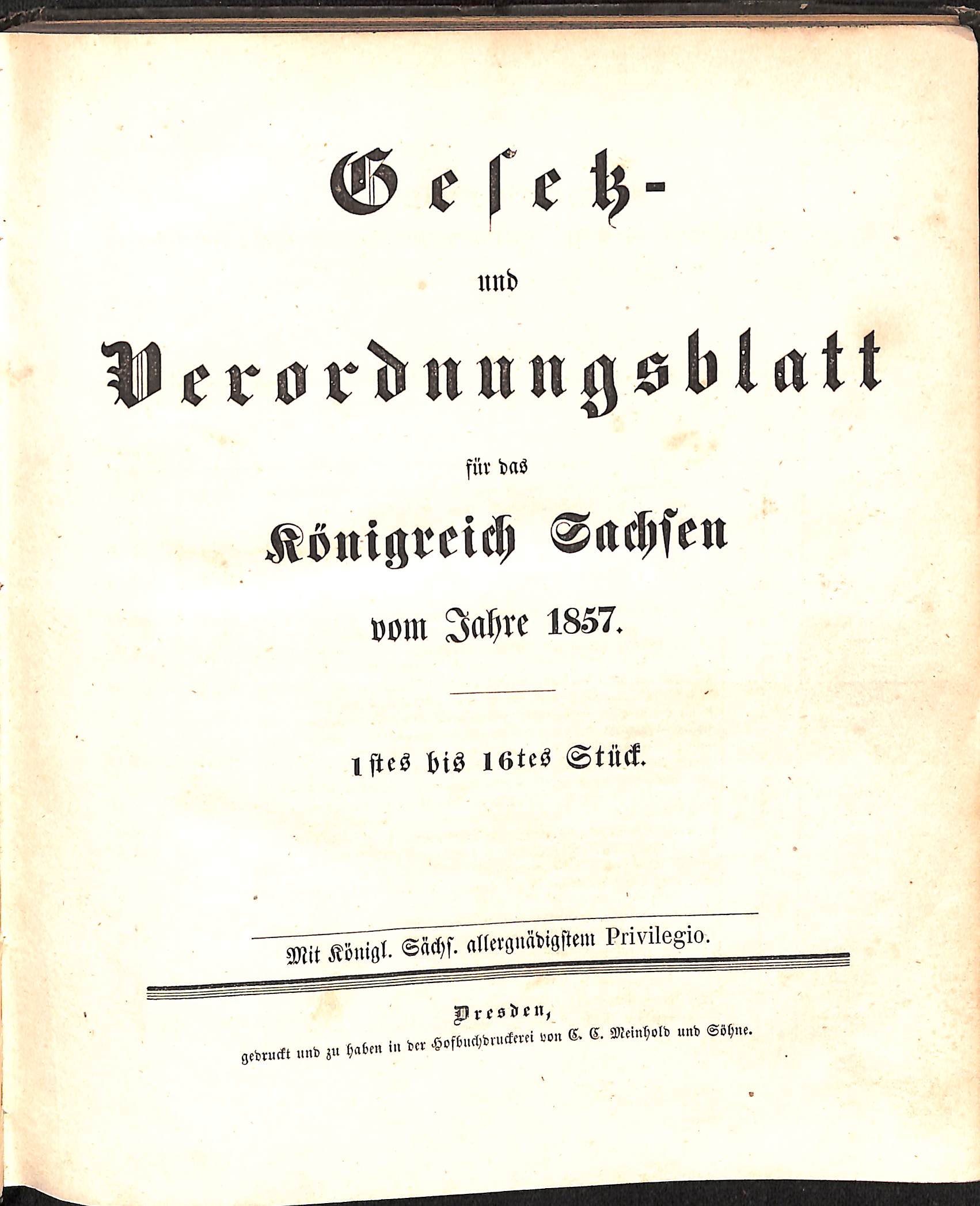 Gesetz- und Verordnungsblatt für das Königreich Sachsen vom Jahre 1857 (HEIMATWELTEN Zwönitz - Raritätensammlung Bruno Gebhardt CC BY-NC-SA)