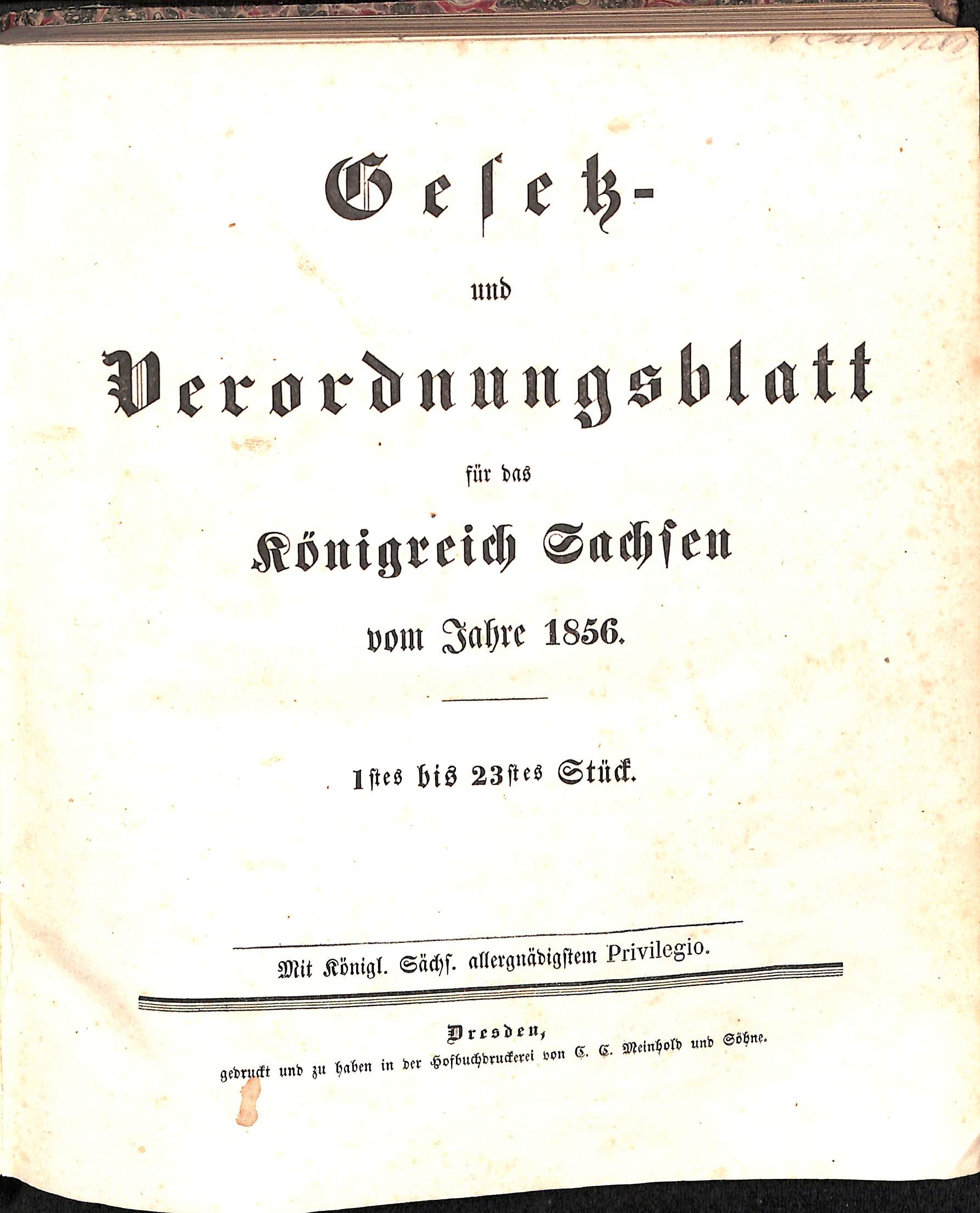 Gesetz- und Verordnungsblatt für das Königreich Sachsen vom Jahre 1856 (HEIMATWELTEN Zwönitz - Raritätensammlung Bruno Gebhardt CC BY-NC-SA)