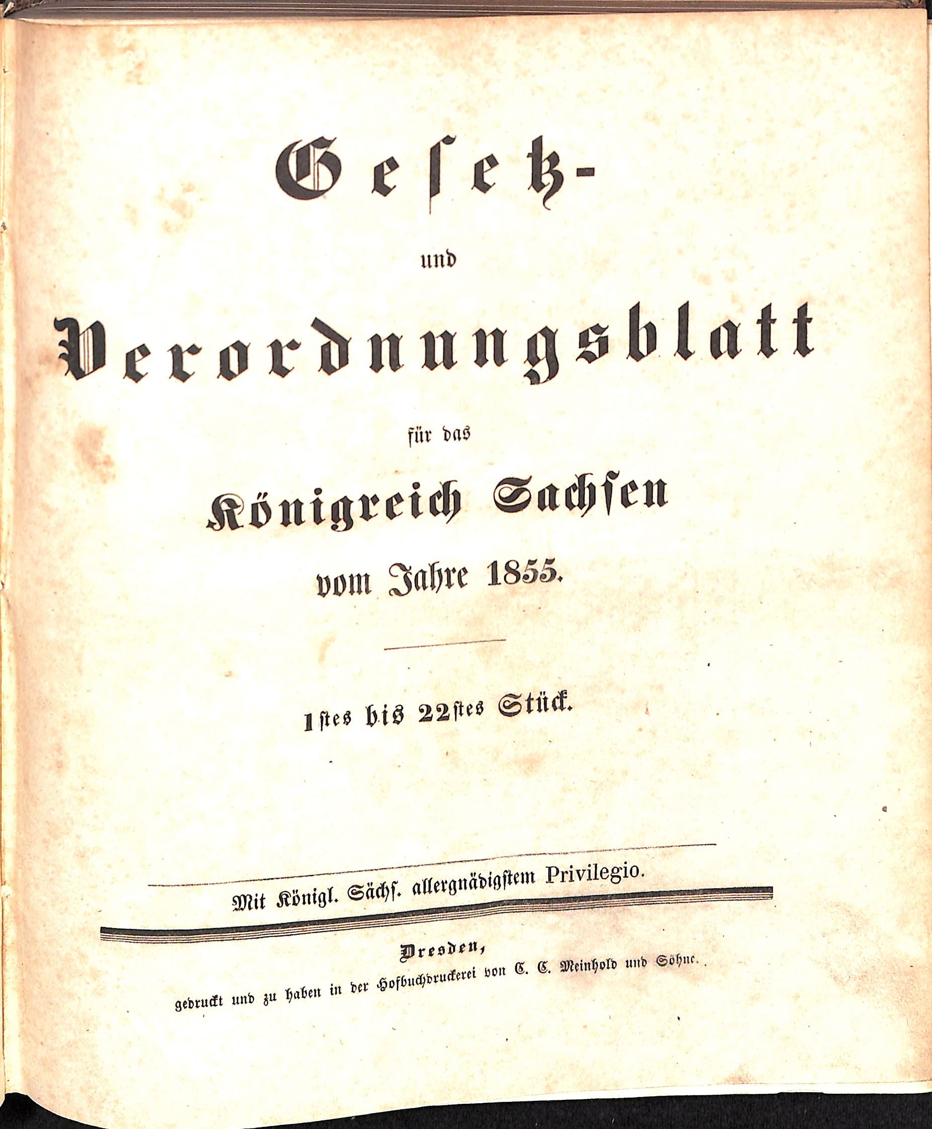 Gesetz- und Verordnungsblatt für das Königreich Sachsen vom Jahre 1855 (HEIMATWELTEN Zwönitz - Raritätensammlung Bruno Gebhardt CC BY-NC-SA)
