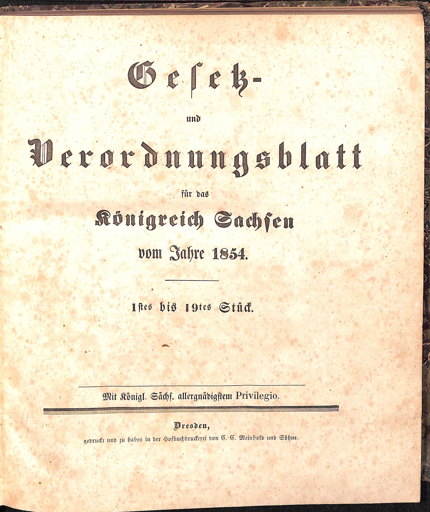 Gesetz- und Verordnungsblatt für das Königreich Sachsen vom Jahre 1854 (HEIMATWELTEN Zwönitz - Raritätensammlung Bruno Gebhardt CC BY-NC-SA)